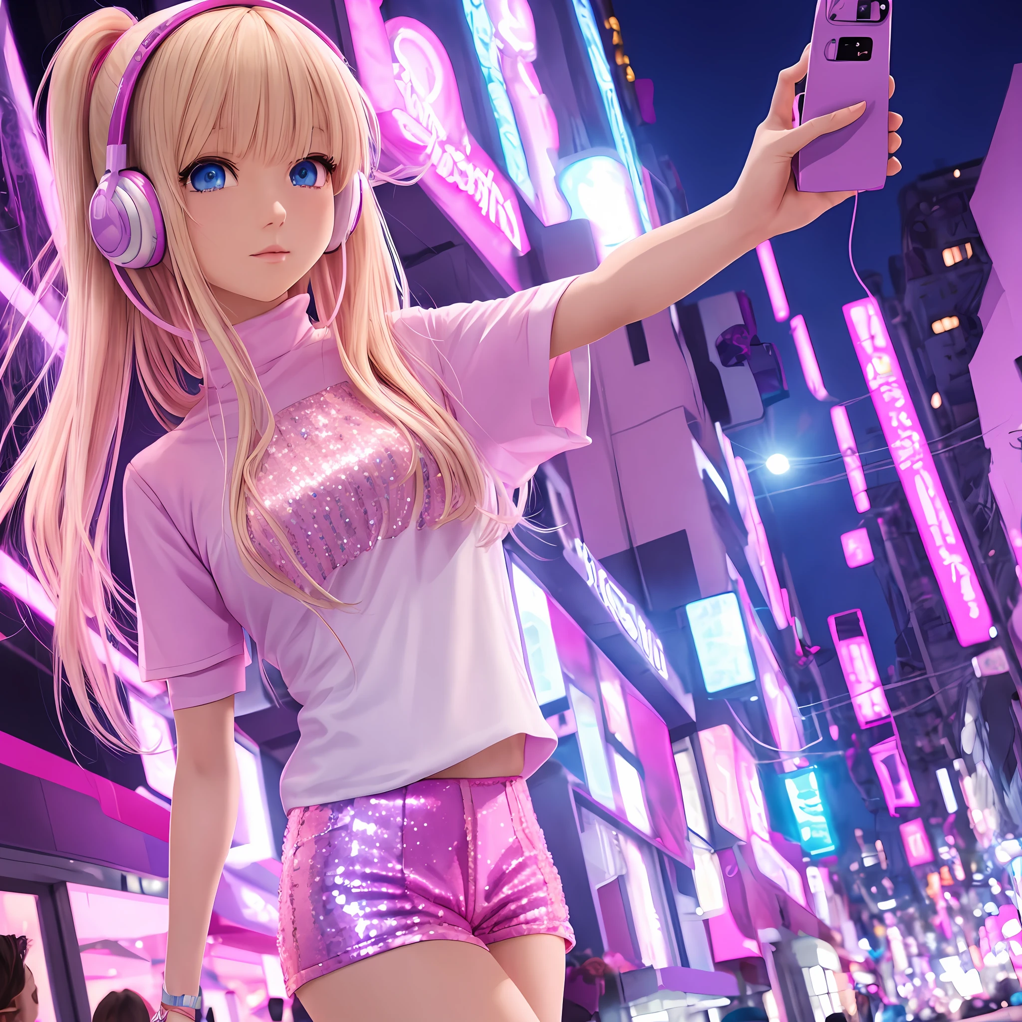 Light blonde haired anime girl with pale purple blue eyes wearing a pink and white top and pink sequin bottom with white high boots, pink head phones taking a selfie under a pink purple blue city lights