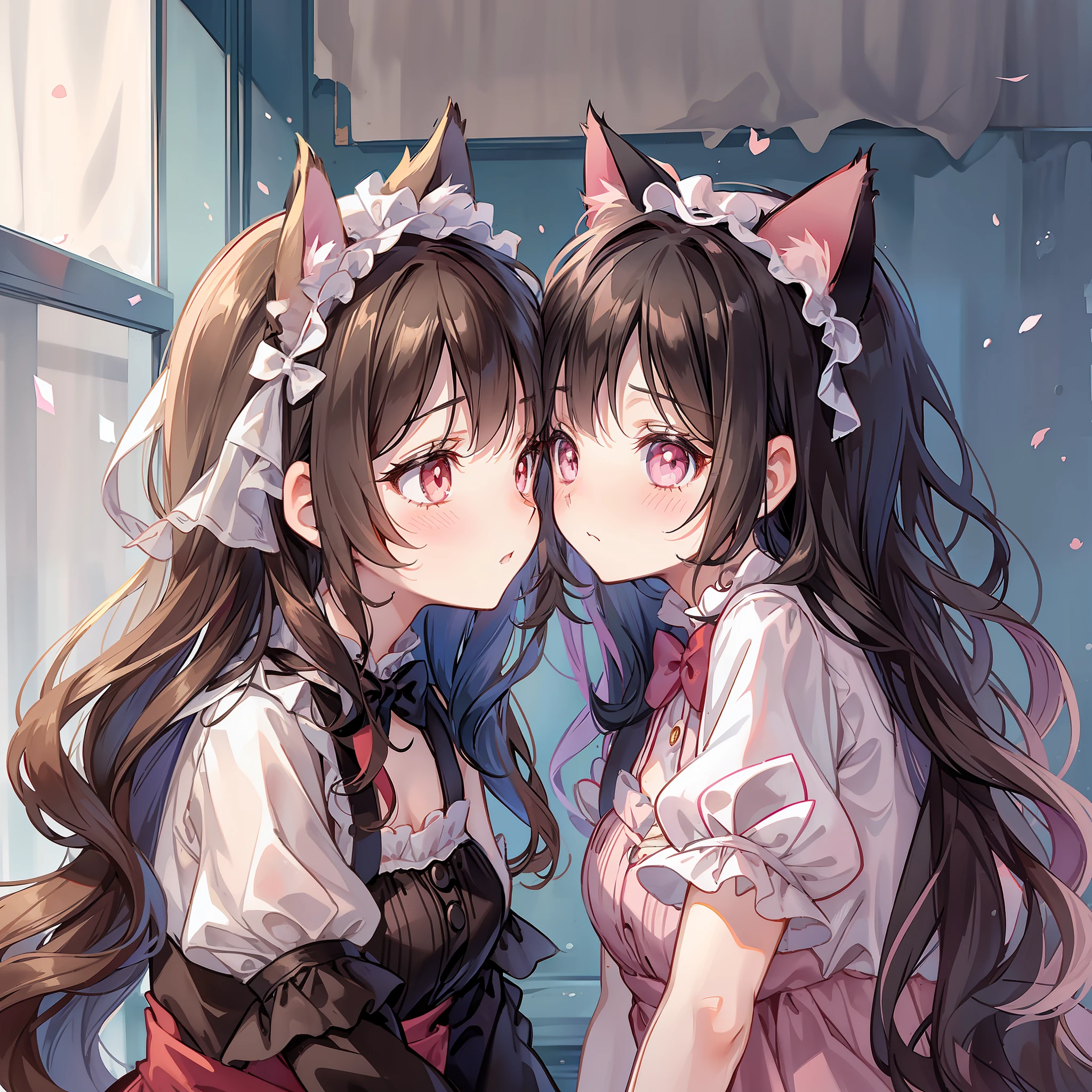 Two cat-eared  in dresses look at each other and kiss, one with black hair and red pupils, the other with pink brown pupils, with a delicate face and a shy expression, and the background is the room