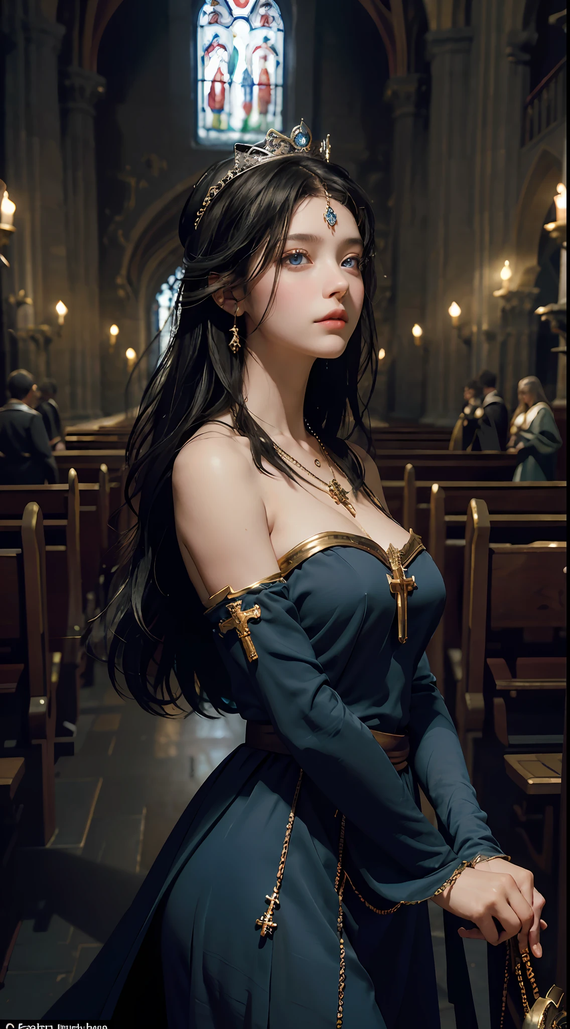 Best quality, masterpiece, super high resolution, (fidelity: 1.4), original photo, 1girl, extremely delicate face, black hair, blue eyes, medieval church, gods, saint, shy expression, crown, flesh legs, cross necklace, smooth skin, large breasts, bare shoulders, super detail, cinematic lighting