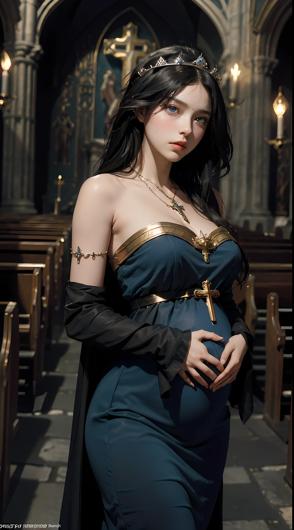 Best quality, masterpiece, super high resolution, (fidelity: 1.4), original photo, 1girl, extremely delicate face, black hair, blue eyes, medieval church, gods, saints, pregnancy, expression of shame, crown, flesh legs, cross necklace, smooth skin, large breasts, bare shoulders, super detail, cinematic lighting