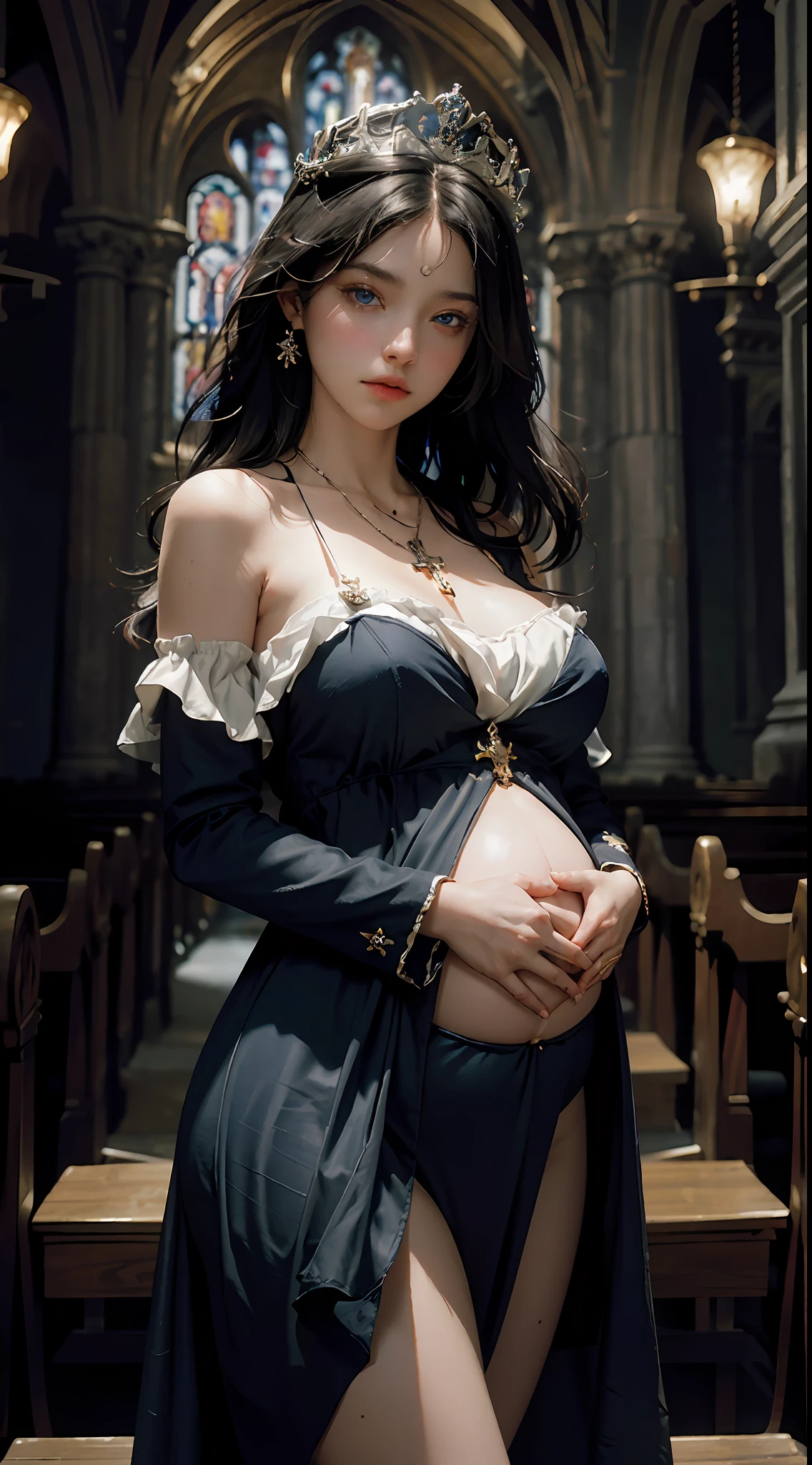Best quality, masterpiece, super high resolution, (fidelity: 1.4), original photo, 1girl, extremely delicate face, black hair, blue eyes, medieval church, gods, saint, pregnancy, crown, flesh legs, cross necklace, smooth skin, large breasts, bare shoulders, super detail, cinematic lighting