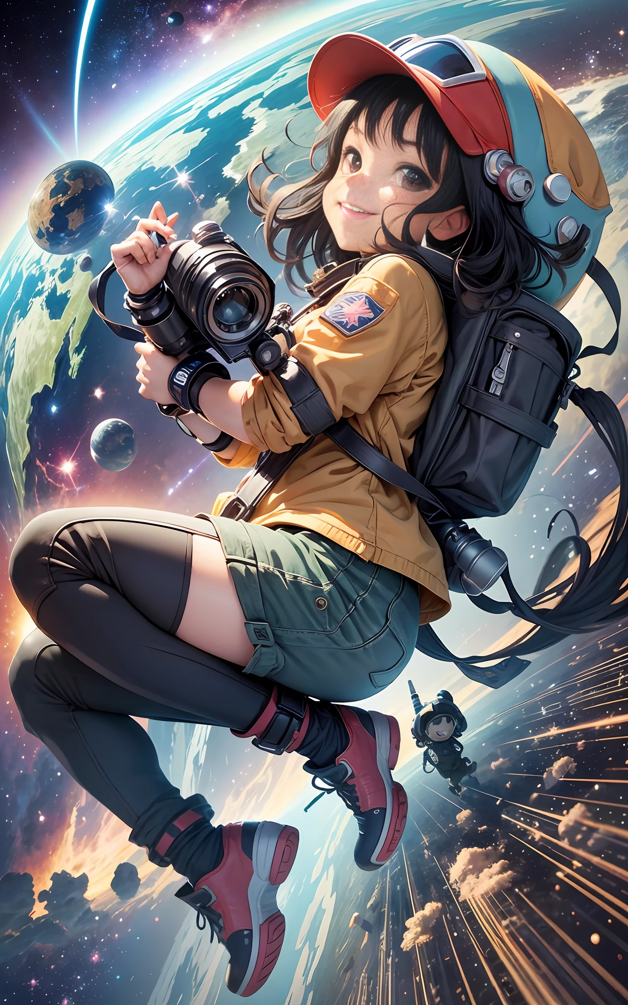 Illustrations similar to the highest quality, best Ghibli, full body, cute, adventurous, playful, curious, smiling, space exploring, eye-catching, dynamic, energetic, vivid colors, exciting, exploring, active, fun, expressive, adventure gear, explorer hat, backpack, binoculars, black hair, running, Various poses, different expressions, having something, space as a background --auto --s2