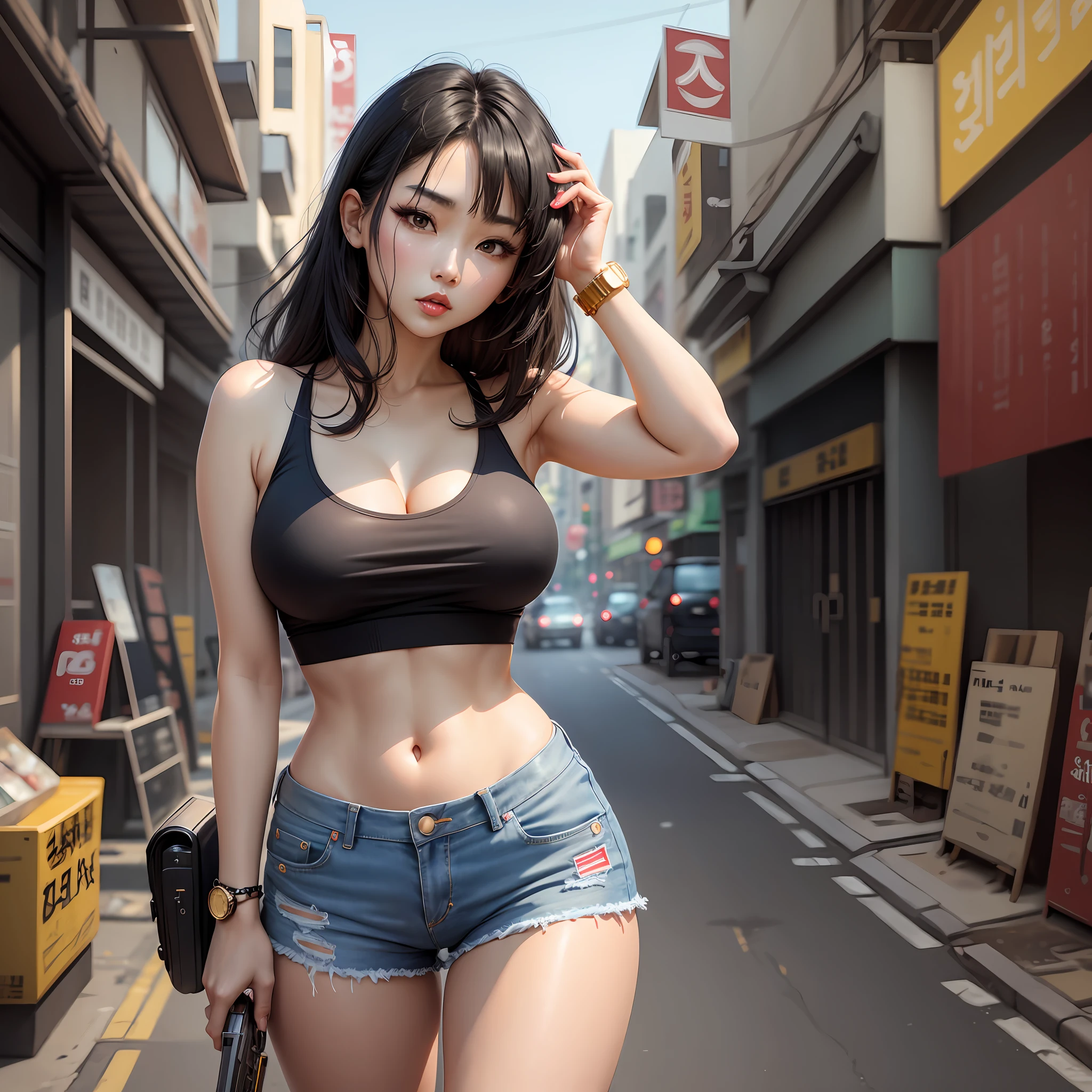 KOREAN WOMAN, STANDING, BLACK HAIR, JEAN SHORTS, MEDIUM BREASTS, WHITE SHOE, TANK TOP, THICK EYESHADOW, GOLDEN WATCH, BEAUTIFUL LEGS, MEDIUM HAIR, WITH PISTOL GUN, MOUTH WITH RED LIPSTICK, --auto --s2