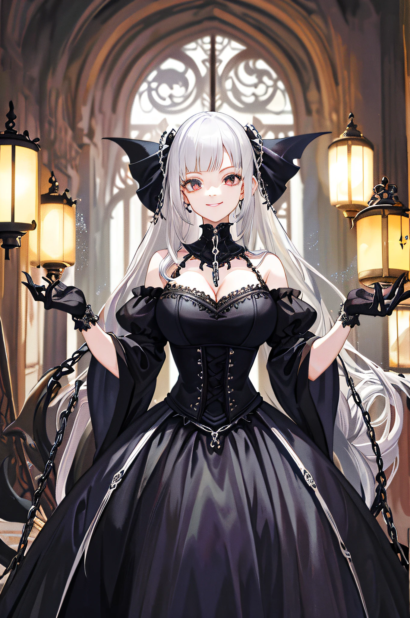 Masterpiece, huge, double tail, silver hair, gothic clothes, vintage gothic, pose, temple, cute, chain, face up, high quality, skeleton, jewelry, smile