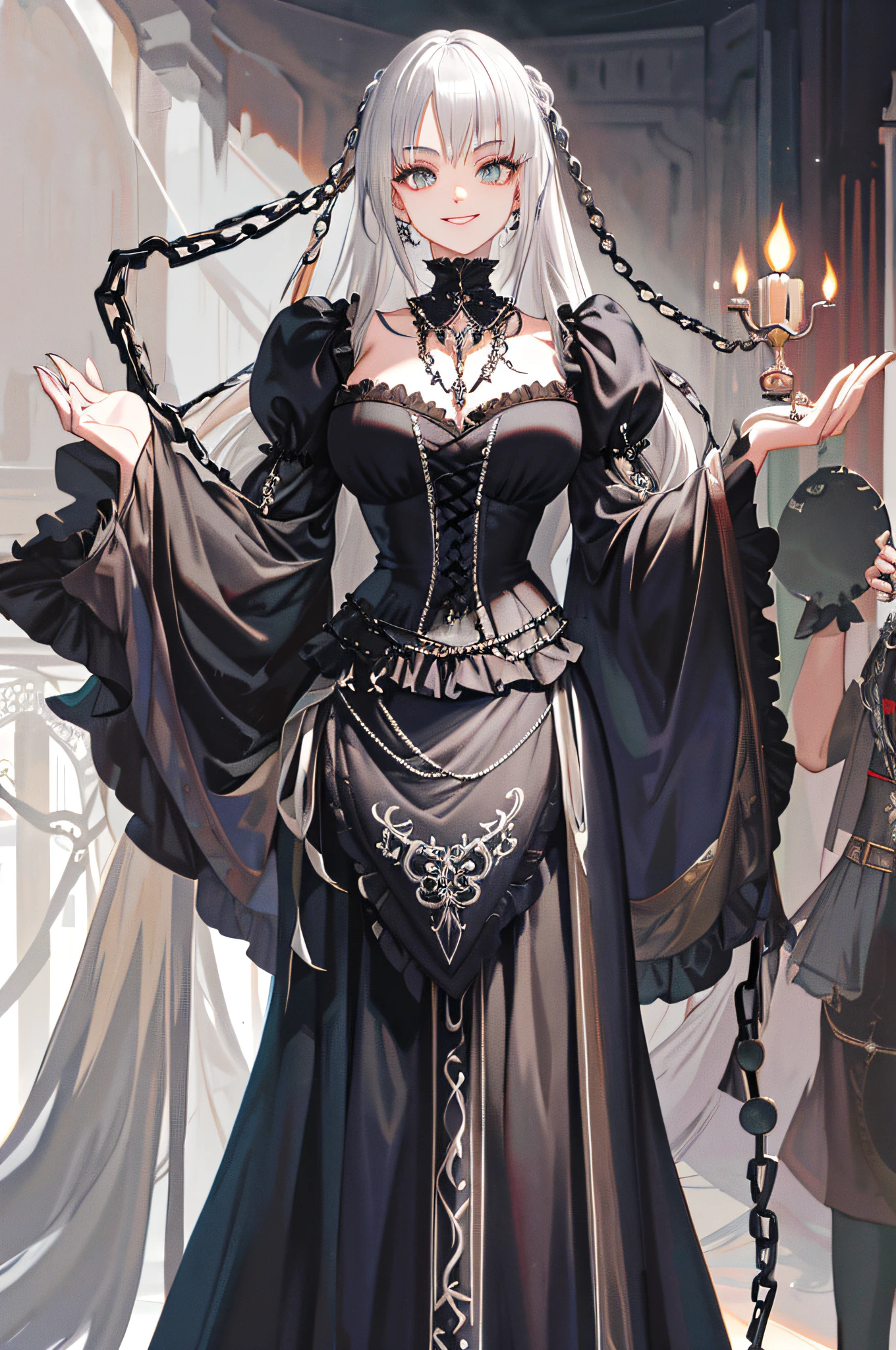 Masterpiece, huge, double tail, silver hair, gothic clothes, vintage gothic, pose, temple, cute, chain, face up, high quality, skeleton, jewelry, smile