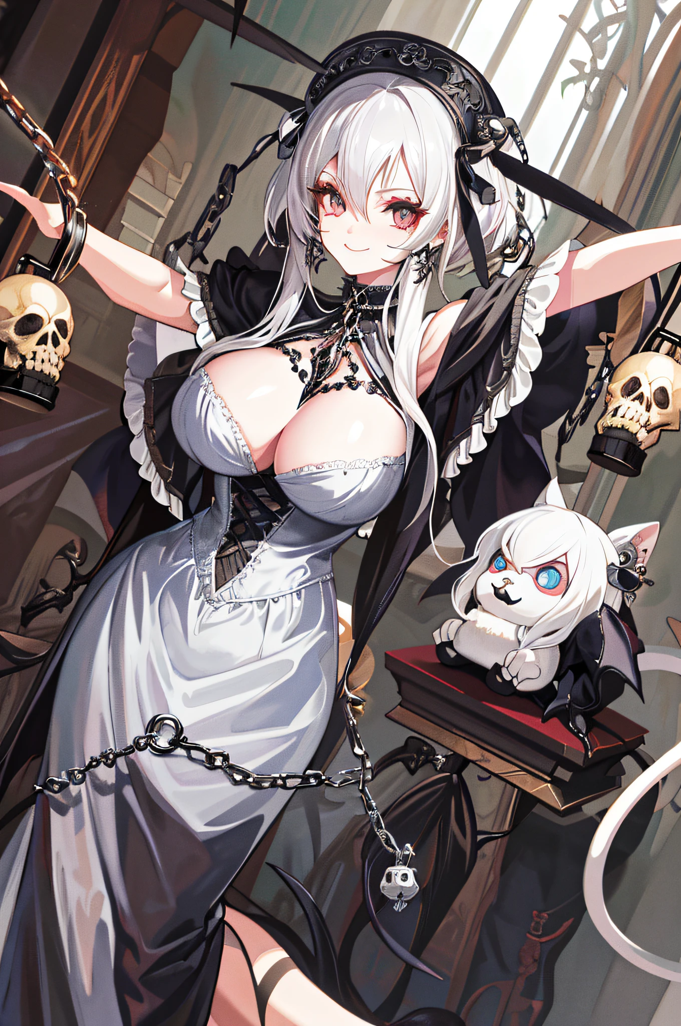 Masterpiece, huge, double tail, silver hair, gothic clothes, vintage gothic, pose, temple, cute, chain, face up, high quality, skeleton, jewelry, smile