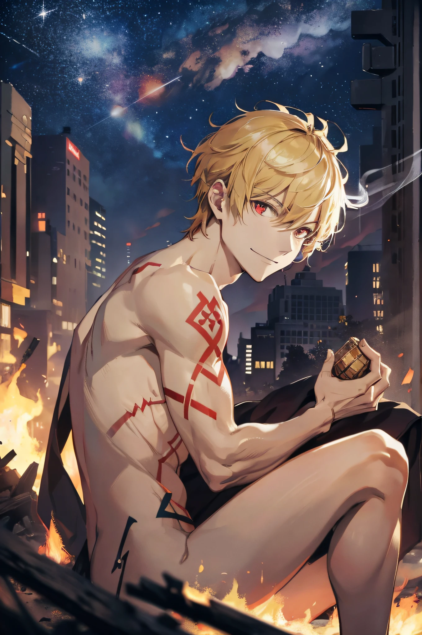 (absurdres, highres, ultra detailed), masterpiece, (GilgameshTopless:1.05), solo, looking at viewer, short hair, blonde hair, red eyes, 1boy, male focus, sitting, crossed legs, robe, naked, tones, tattoo, [from side], from below, fire, rumbles, ruined city, smiling, looking at viewer, looking down, dark background, sitting on debris, night, smoke, cowboy shot,