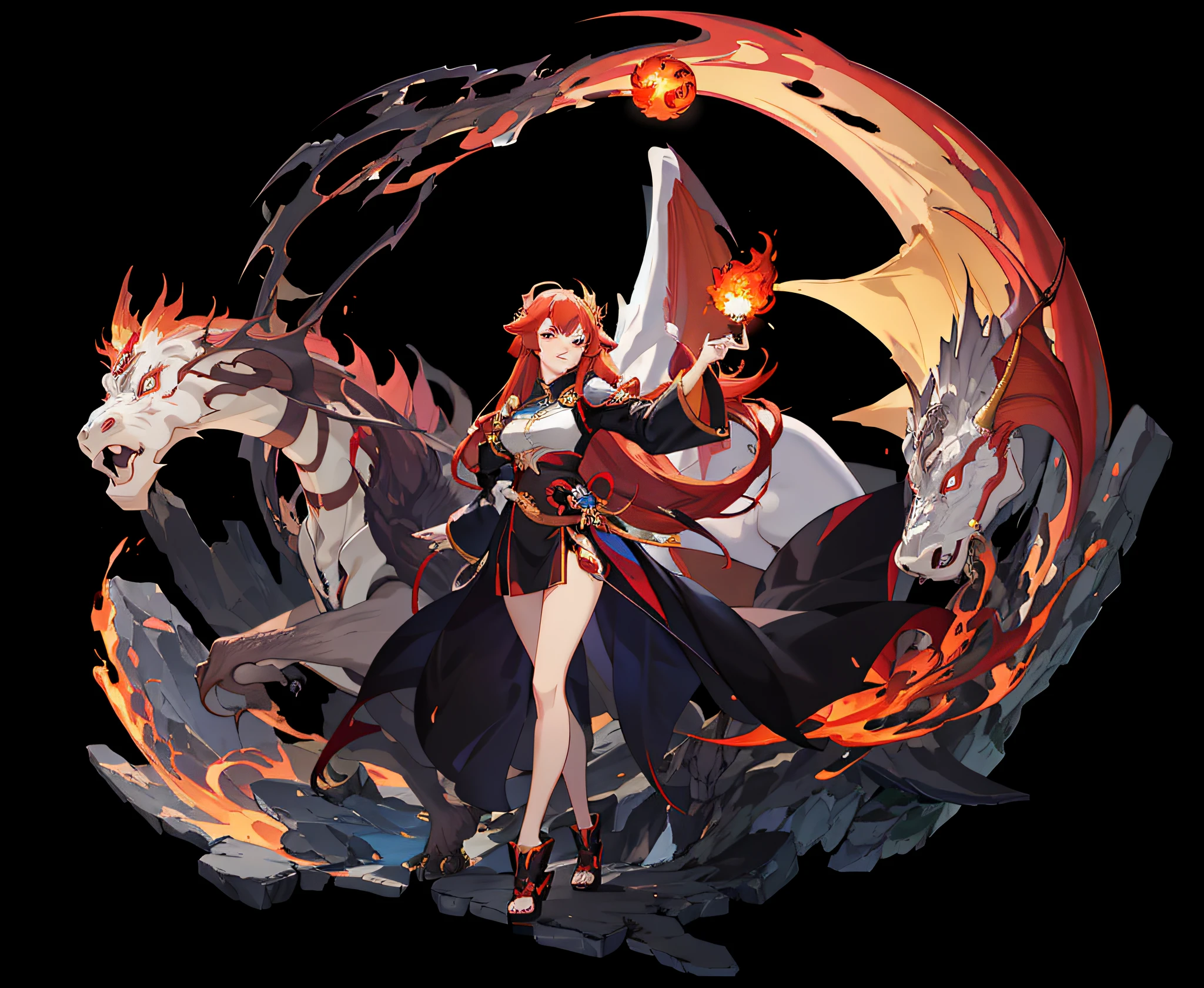 anime girl with red hair and a dragon holding a fire ball, dragon girl, onmyoji detailed art, ayaka genshin impact, demon anime girl, /!\ the sorceress, lava and fire goddess, fire mage, shadowverse style, full portrait of elementalist, official character art, fire demon, dragon queen, flame conjuring armored