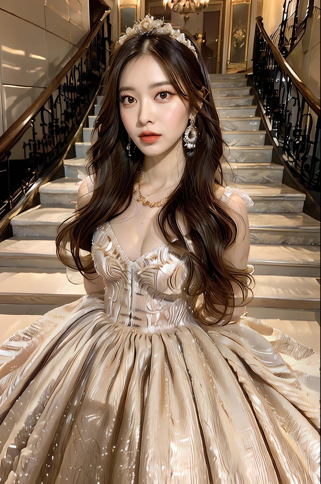 wearing wedding princess dress, staircase,handsome, skinny,professional lighting,far view, city, eyelines,gold necklace,rendered eyes,tall body,adult woman,hair ornament,instagram most viewed,official wallpaper, official art,(kpop idol), half-closed eyes,((photorealistic painting art by midjourney and greg rutkowski)),((supermodel)),