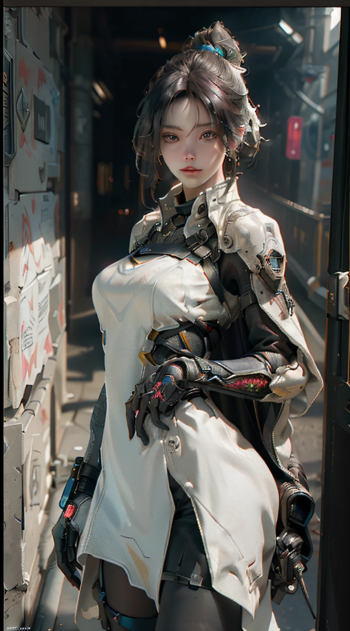 ((Best quality)), ((masterpiece)), (detailed:1.4), 3D, an image of a beautiful cyberpunk female,HDR (High Dynamic Range),Ray Tracing,NVIDIA RTX,Super-Resolution,Unreal 5,Subsurface scattering,PBR Texturing,Post-processing,Anisotropic Filtering,Depth-of-field,Maximum clarity and sharpness,Multi-layered textures,Albedo and Specular maps,Surface shading,Accurate simulation of light-material interaction,Perfect proportions,Octane Render,Two-tone lighting,Wide aperture,Low ISO,White balance,Rule of thirds,8K RAW,