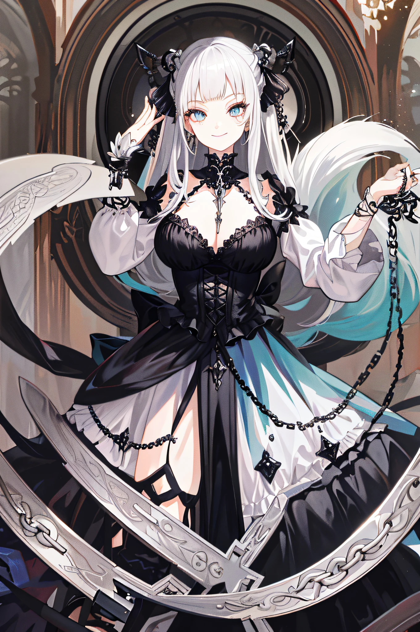 Masterpiece, huge, double tail, silver hair, gothic clothes, vintage gothic, pose, temple, cute, chain, face up, high quality, skeleton, jewelry, smile