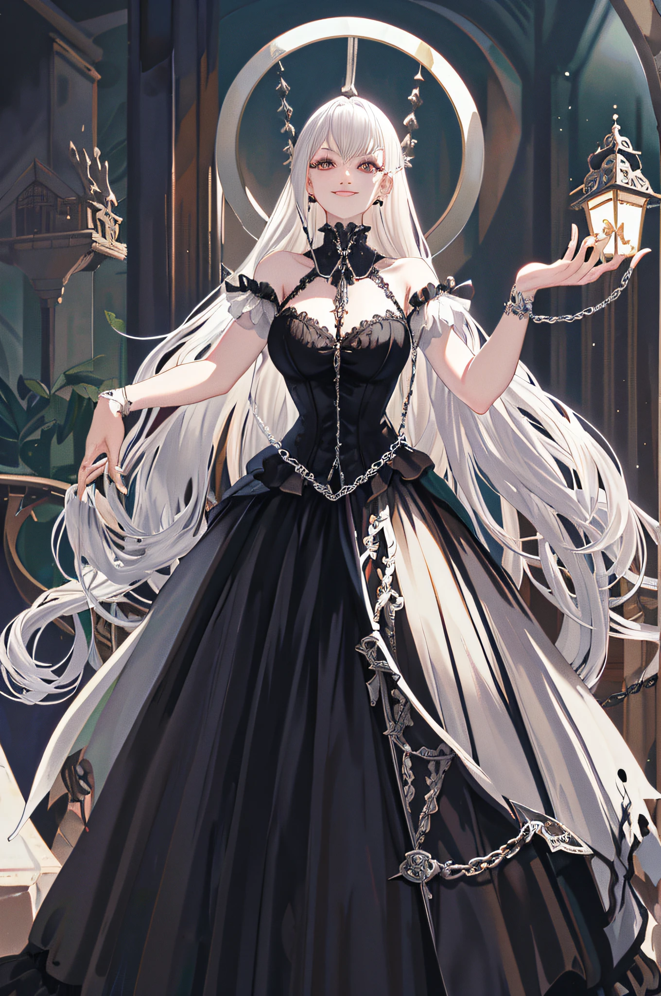 Masterpiece, huge, double tail, silver hair, gothic clothes, vintage gothic, pose, temple, cute, chain, face up, high quality, skeleton, jewelry, smile