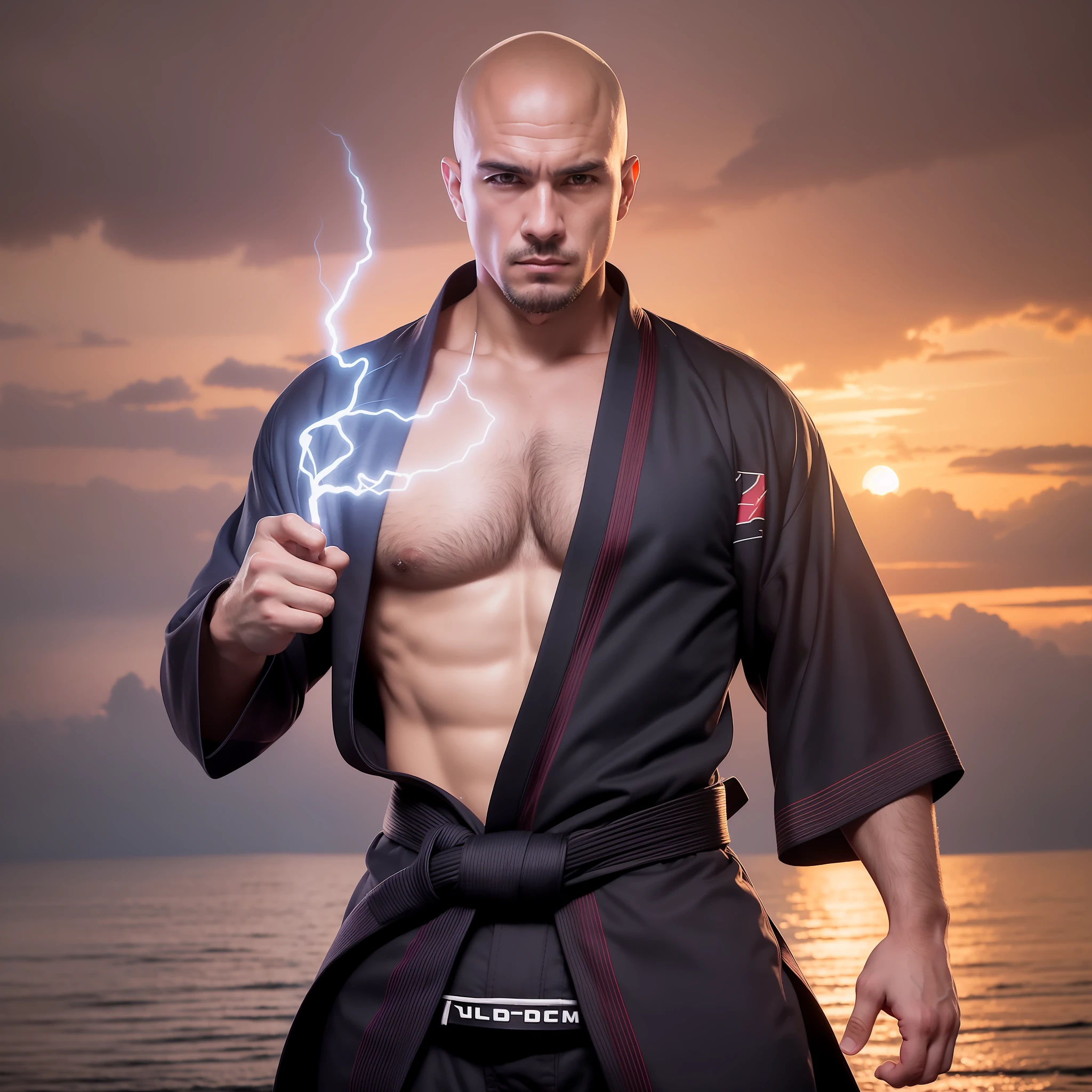A hitman wearing a jiu-jitsu kimono, staring straight ahead in a paradisiacal setting with a darkening sky, vibrant energy flowing throughout his aura-shaped body.