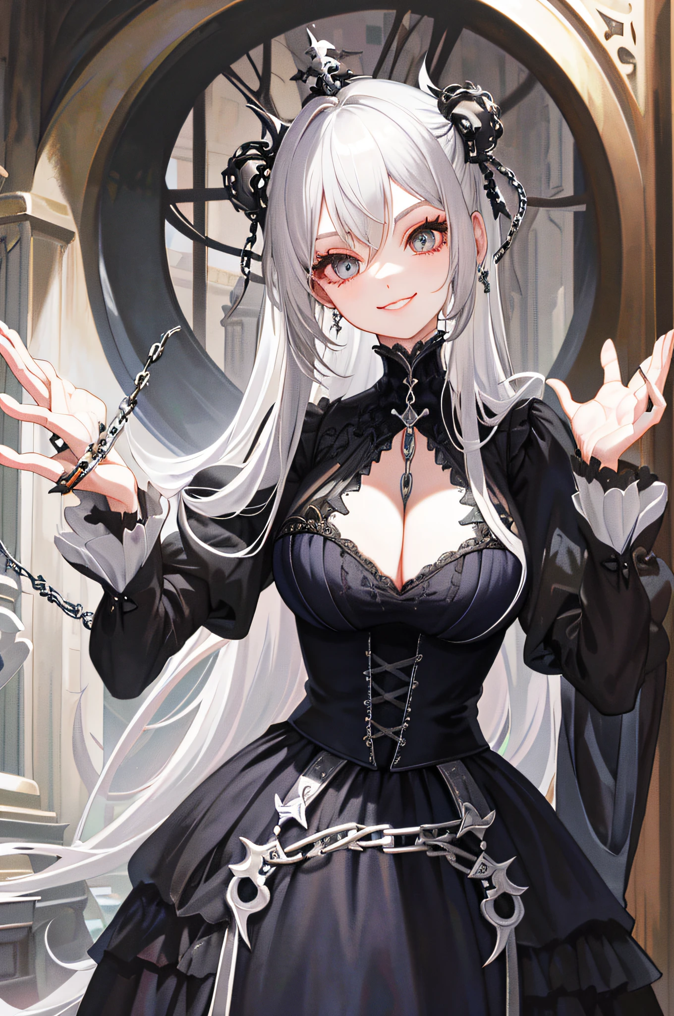 Masterpiece, huge, double tail, silver hair, gothic clothes, vintage gothic, pose, temple, cute, chain, face up, high quality, skeleton, jewelry, smile