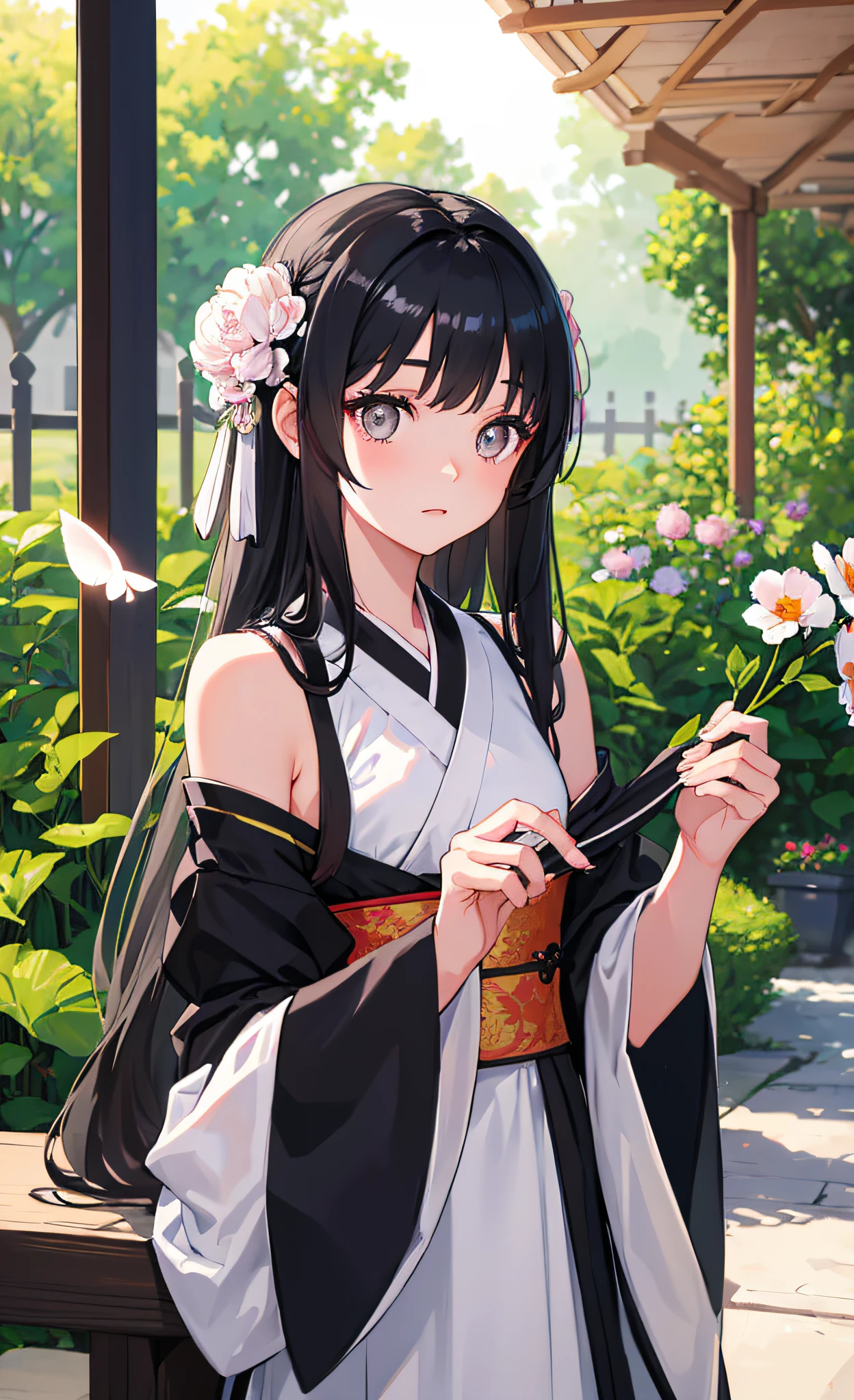 (little girl: 1.5), lace, ribbon, Hanfu, (masterpiece, side light, delicate and beautiful gray eyes: 1.2), masterpiece, realistic, glowing eyes, shiny hair, black hair, long hair, shiny skin, solo, awkward, tube top, delicate, beautiful, garden, flowers, fluttering petals,