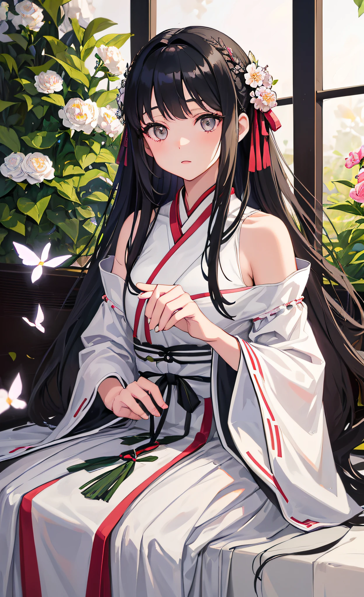 (little girl: 1.5), lace, ribbon, Hanfu, (masterpiece, side light, delicate and beautiful gray eyes: 1.2), masterpiece, realistic, glowing eyes, shiny hair, black hair, long hair, shiny skin, solo, awkward, tube top, delicate, beautiful, garden, flowers, fluttering petals,