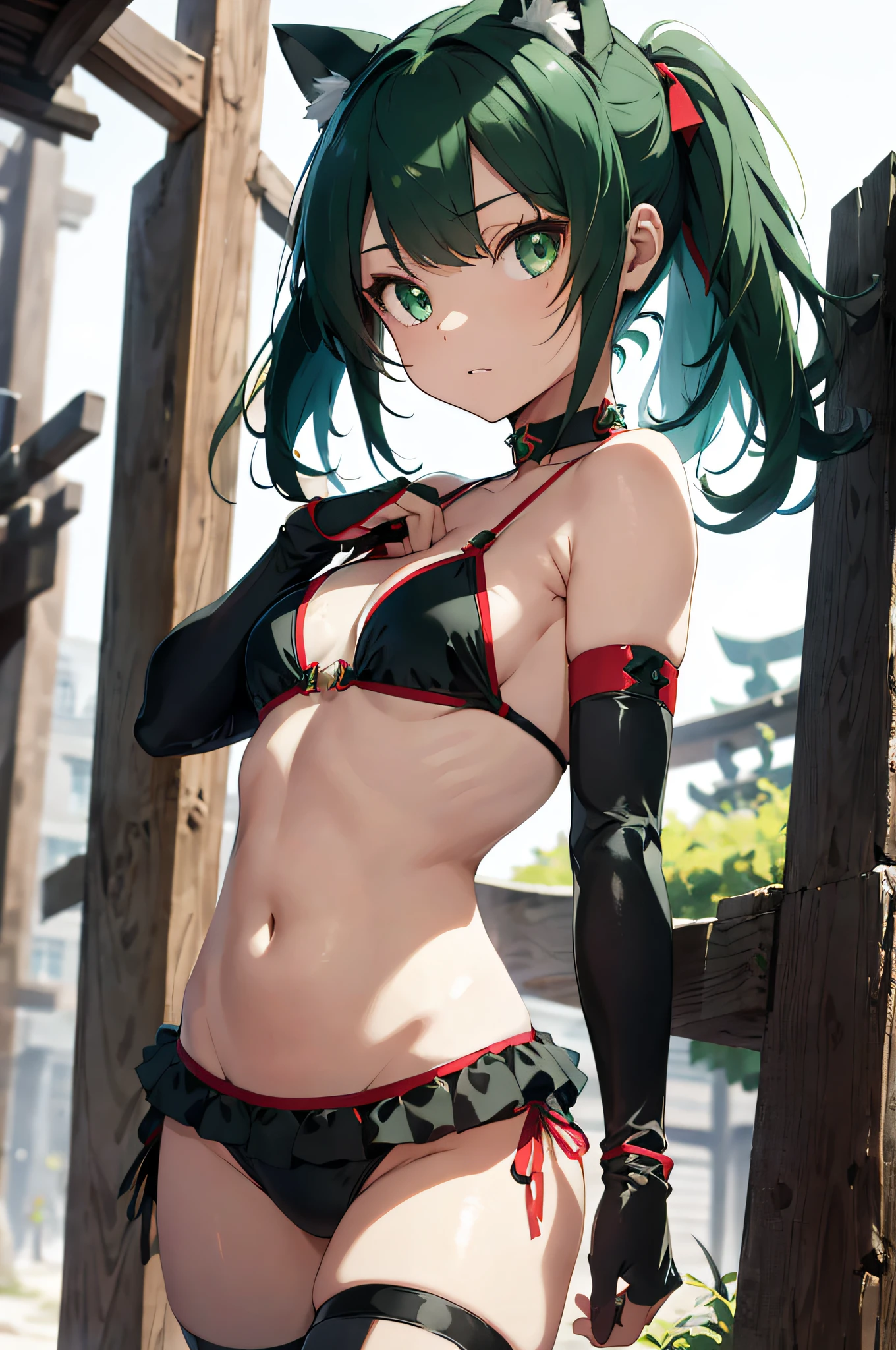 (Style Princess:0.8), Cat-eared Beautiful Girl, Small Tits, One Girl, ((Bikini Armor))Bikini, (Rich Green and Black and Red and Silver Hair), ((Temple)), Slim, (Elbow Gloves) Masterpiece, High Contrast, Ultra Detail, Best Quality, Ultra High Definition, High Definition, Details