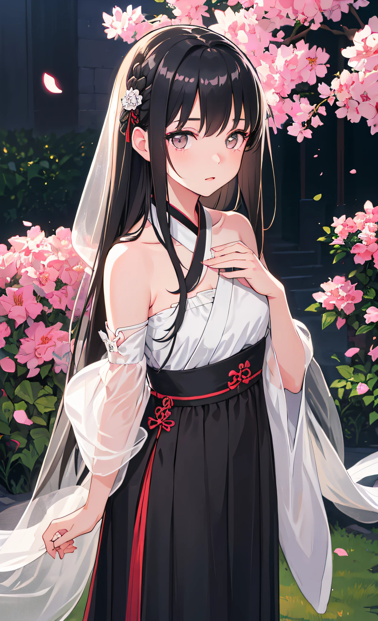 (***********: 1.5), lace, ribbon, Hanfu, (masterpiece, side light, delicate and beautiful gray eyes: 1.2), masterpiece, realistic, glowing eyes, shiny hair, dark hair, long hair, shiny skin, solo, awkward, strapless, delicate, beautiful, garden, flowers, fluttering petals,