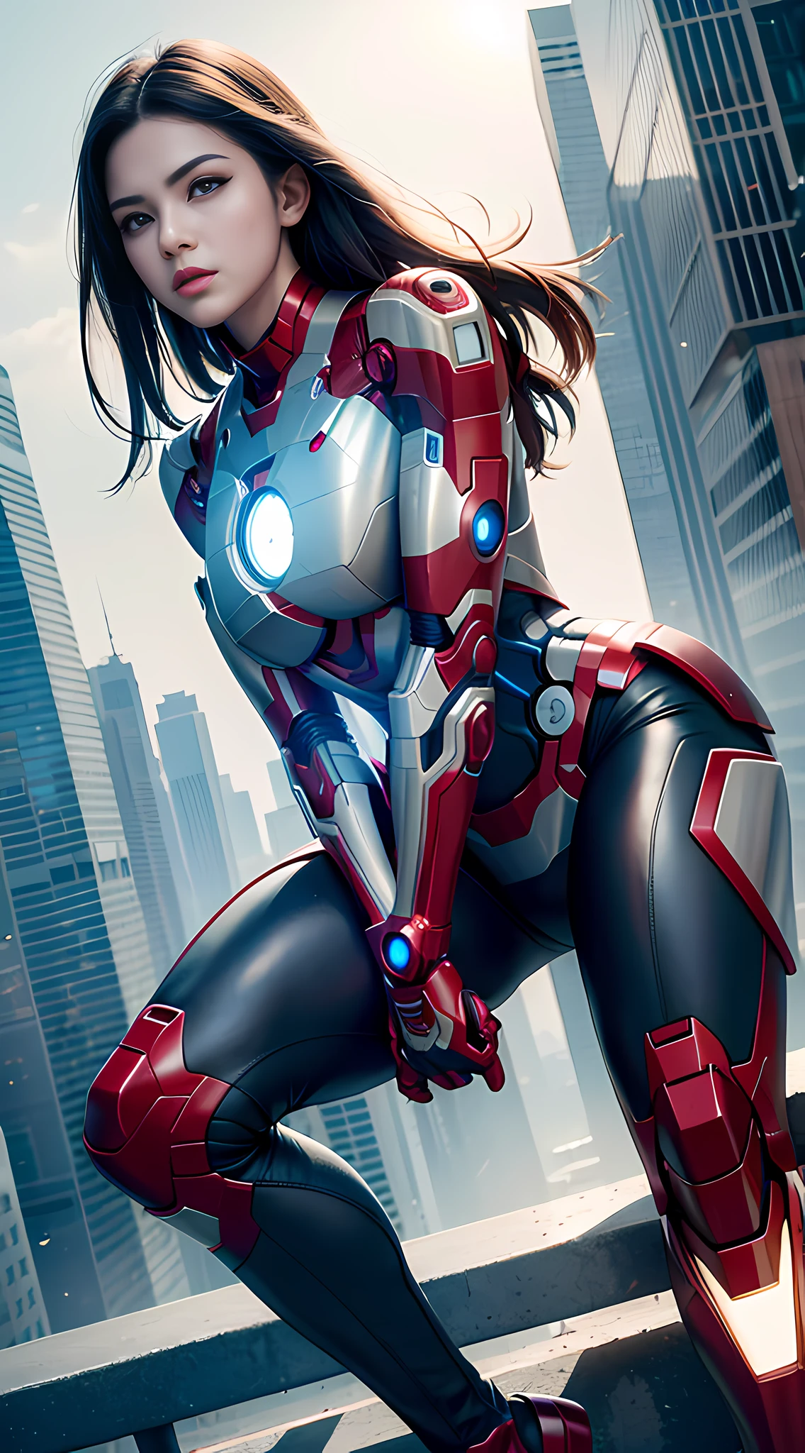 RAW, Masterpiece, Ultra Fine Photo,, Best Quality, Ultra High Resolution, Photorealistic, Sunlight, Full Body Portrait, Stunningly Beautiful,, Dynamic Poses, Delicate Face, Vibrant Eyes, (Side View) , she is wearing a futuristic Iron Man mech, very detailed background, detailed face, detailed busy background, messy, gorgeous, milky, high detailed skin, realistic skin details, visible pores, sharp focus, volume Fog, 8k uhd, dslr, high quality, film grain, fair skin, photorealism, lomography, sprawling metropolis in a futuristic dystopia, view from below, translucent