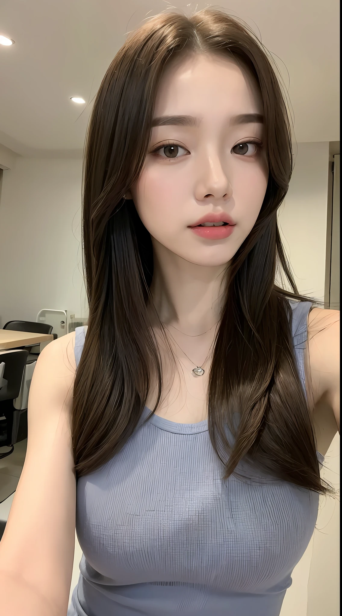 ((Best Quality, 8k, Masterpiece: 1.3)), 1 woman, Beautiful girl with slender abs: 1.3, (Hairstyle random, big: 1.2), Plain clothes: 1.2, Indoors, Ultra detailed face, Detailed eyes, Double eyelids, Selfie