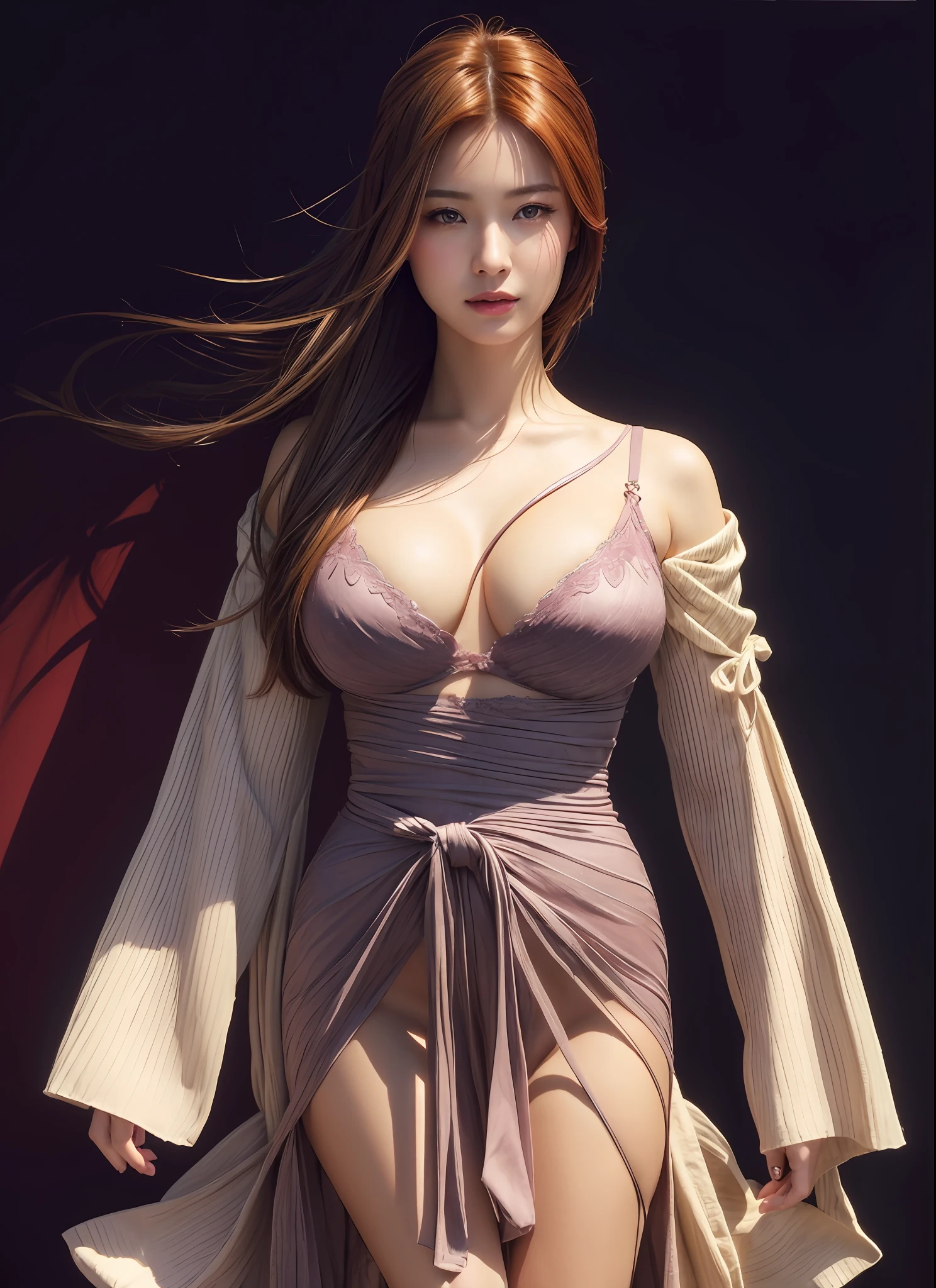 hair bobbles, wince, longeyelashes, solid circle eyes, light smile, ear blush, fang, Surrealism, drop shadow, anaglyph, stereogram, tachi-e, pov, atmospheric perspective, 8k, super detail, ccurate, best quality, (masterpiece:1.4), (8k, photorealistic, RAW photo, best quality: 1.4), japanese, 1girl, beautiful face, (realistic face:1.4), (caramel hair, long hair:1.3), beautiful hairstyle, beautiful detailed eyes, (best ratio eyes:1.5), attractive, ultra high res, ultra realistic, highly detailed, best ratio, (detailed face:1.4), looking at viewer, red lipsticks, purple eyes, (the best ratio of the number of fingers:1.5), ((high proportional realistic breasts, realistic medium breasts):1.4), slender body, (full body visible:1.5), portrait, photography, detailed skin, realistic, photo-realistic, highly detailed, full length frame, High detail RAW color art, lingerie, (best ratio of body anatomy:1.2),
