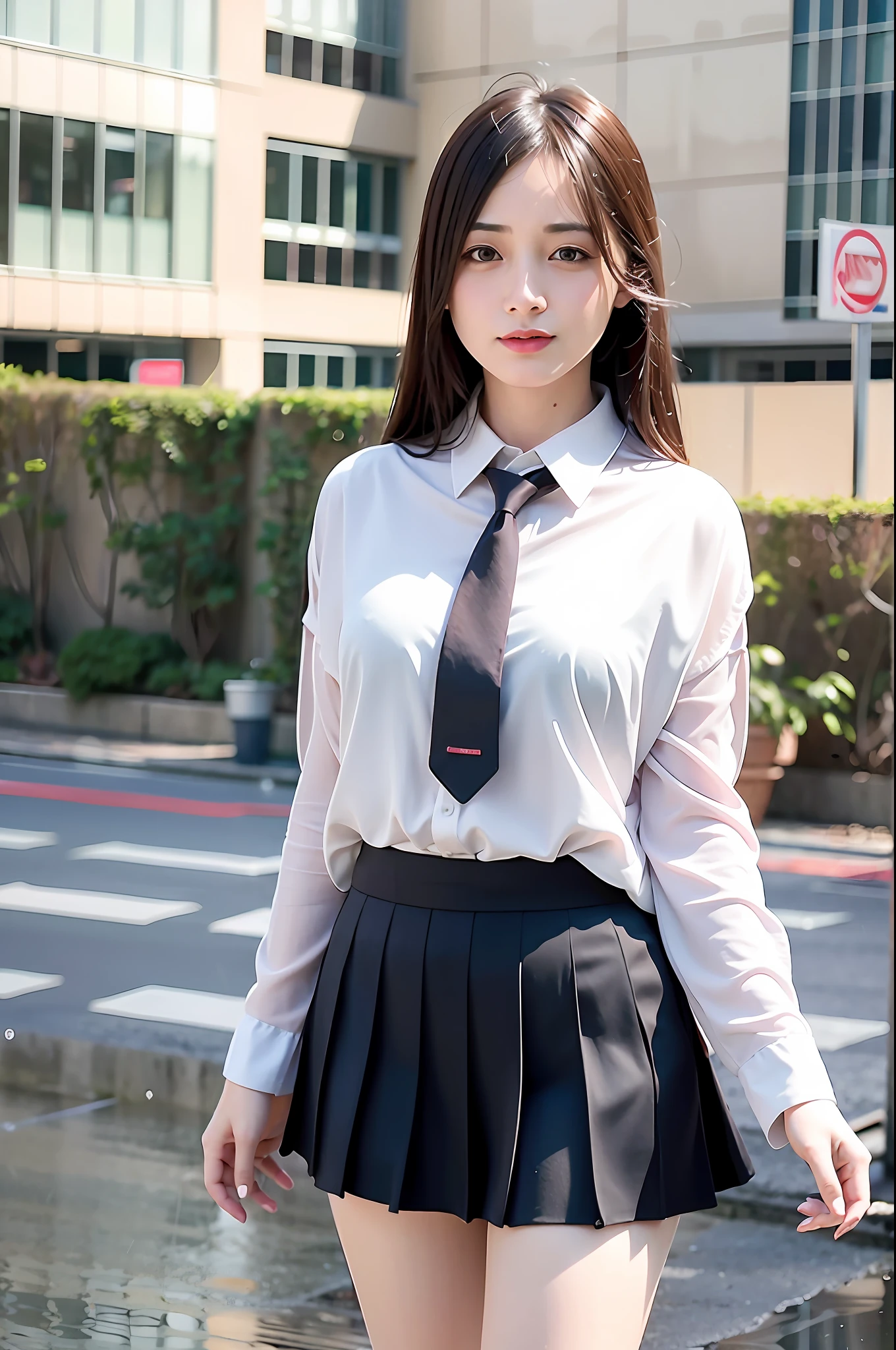 mix4, silk stockings, (8k, RAW photo, best quality, masterpiece:1.2), (realistic, photo-realistic:1.37),cute,cityscape, school uniform, skirt, night, rain, wet, professional lighting, photon mapping, radiosity, physically-based rendering,