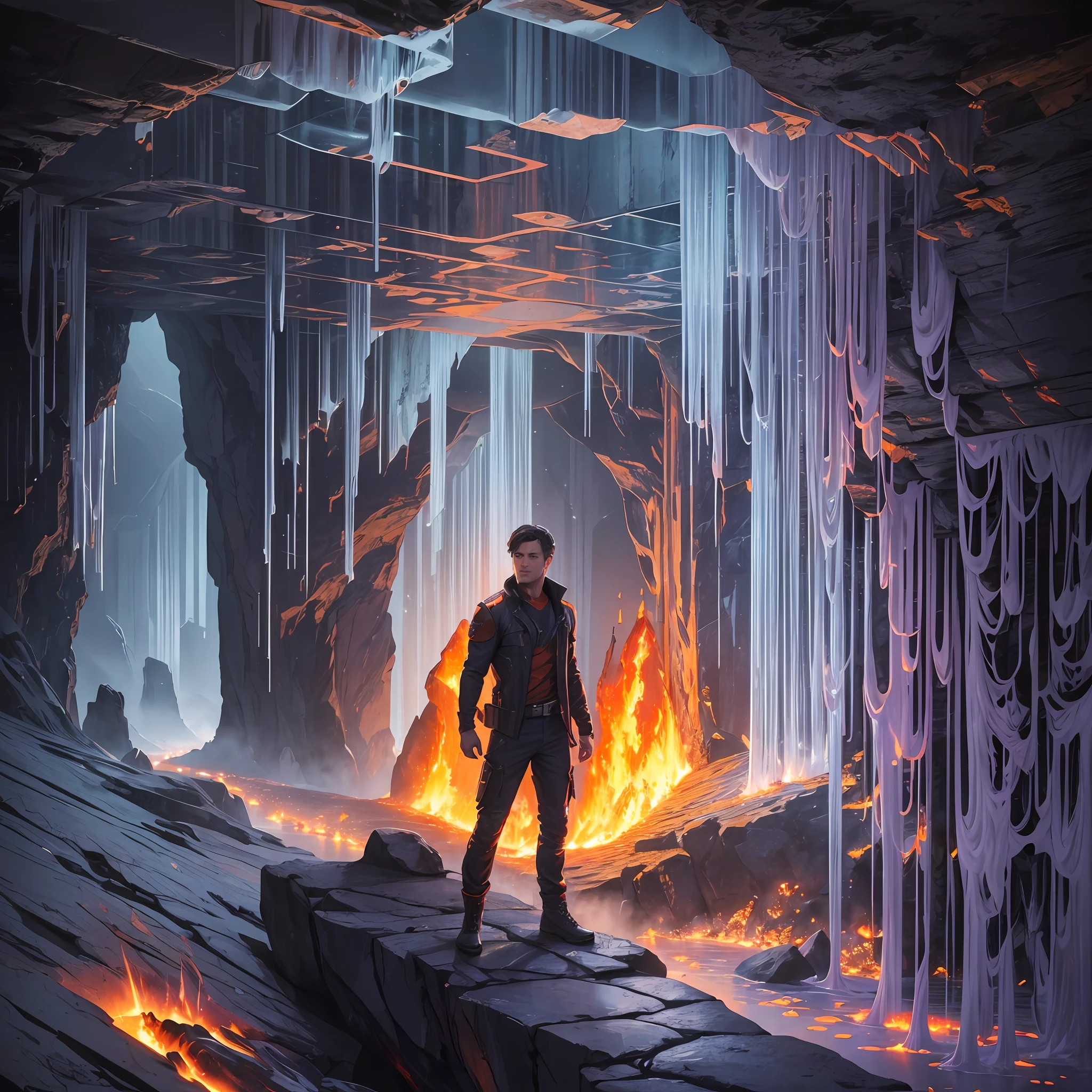 extensive landscape photograph (general view, which shows the vault of the cave, (detailed description of the cave), stalactites (detailed), stalagmites (detailed), as well as helicates (detailed), lake (detailed), lava, below), one gray-haired guy in a shirt and trousers (1: 3), (ultradetailed description of appearance), standing on a stone ledge in the fire and looking down (lake of fire: 1.2), (falling stones: 0.9), (fire: 1.3), crystals, fire stones, lava, cave BREAK production art, (cold light source:1.2), (Firefly:1.2), fire particles, dark, red, yellow and orange, complex details, volumetric lighting, realism BREAK (masterpiece:1.2), (best quality), 4k, ultra-detailed, (dynamic composition: 1.4), high detailed, colorful details, (gloomy colors: 1.2), (luminous lighting, atmospheric lighting), gloomy, dark, magical, (solo: 1.2) --auto --s2