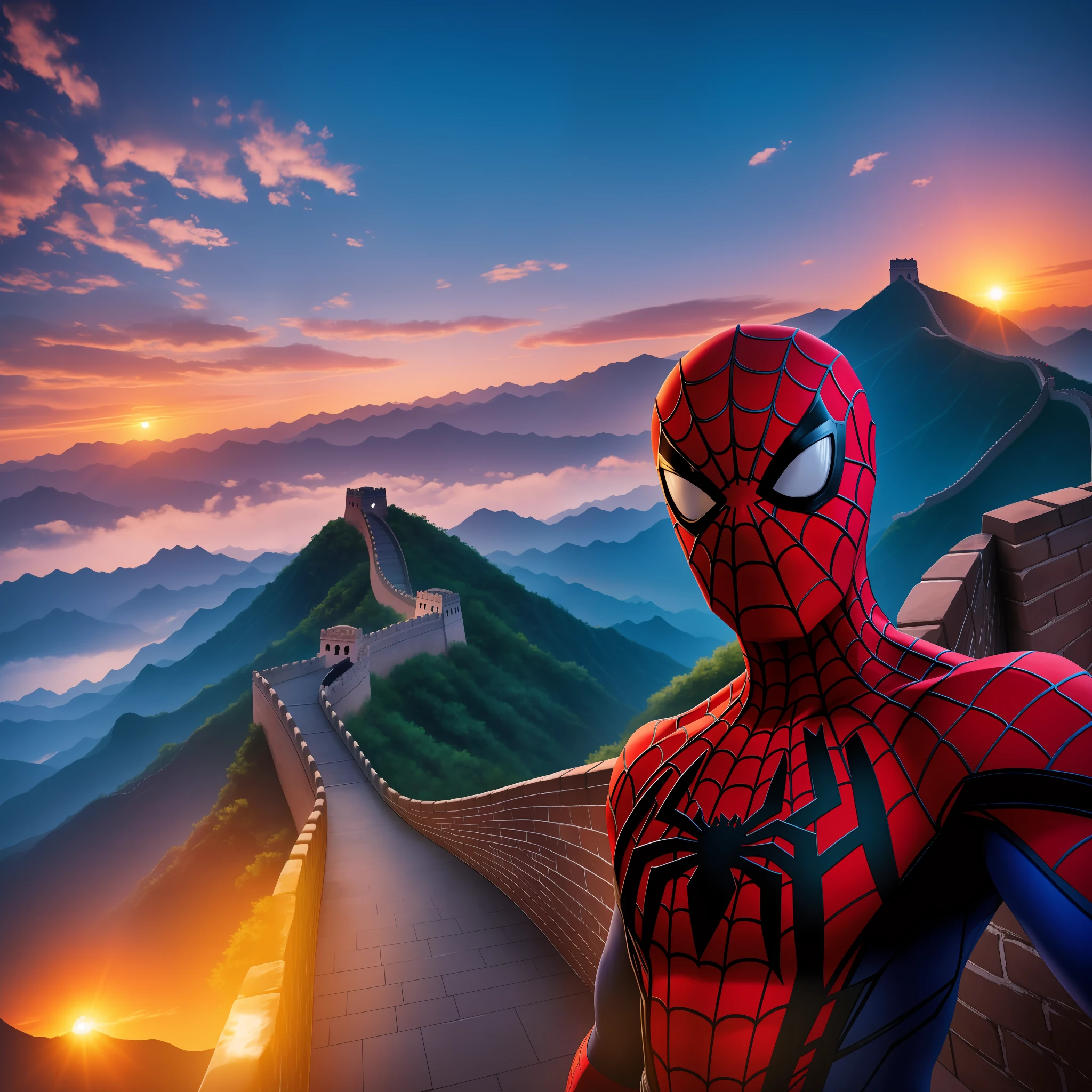 Against the backdrop of a mesmerizing sunset, Spider-Man stands proudly atop one of the watchtowers of the Great Wall of China, smartphone in hand, capturing a selfie with the ancient monument and the radiant sky merging into a breathtaking display, a sense of awe and serenity filling the air, Digital artwork with a touch of fantasy, vibrant colors and ethereal atmosphere, --ar 16:9 --v 5