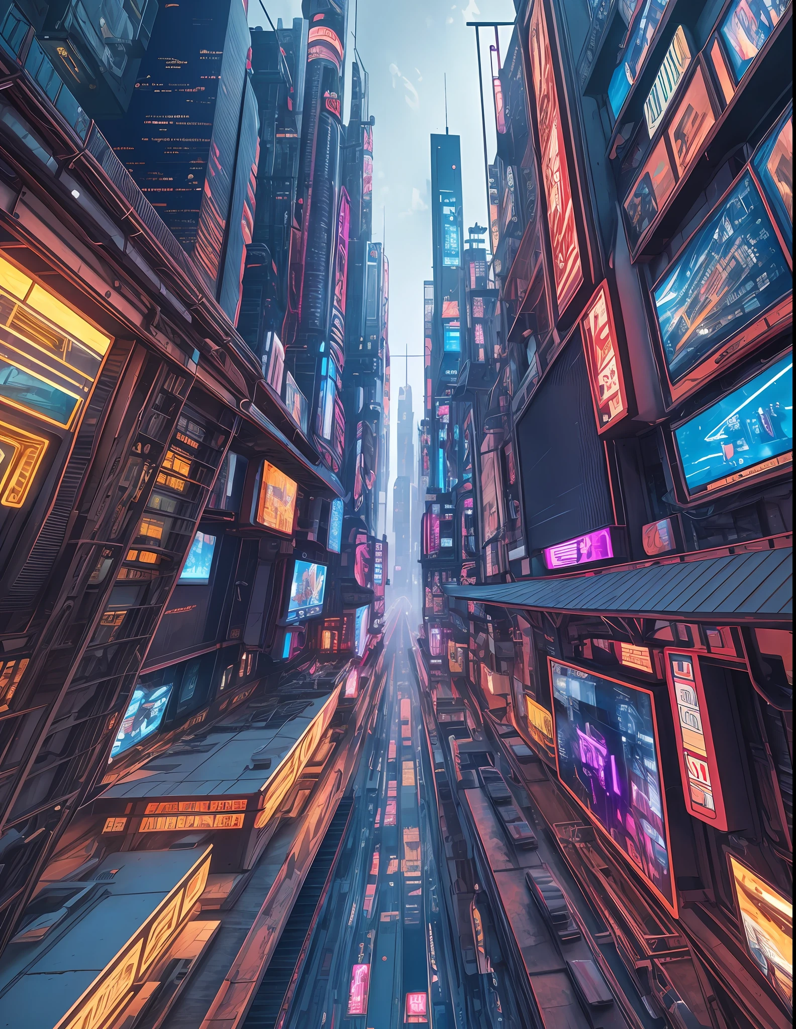 Master works, best picture quality, 8k resolution, Ultra High resolution, high detail, higher quality, Panorama, First Person perspective, Abstract background, Cyberpunk, Steampunk, technology, cyber world, City --auto --s2