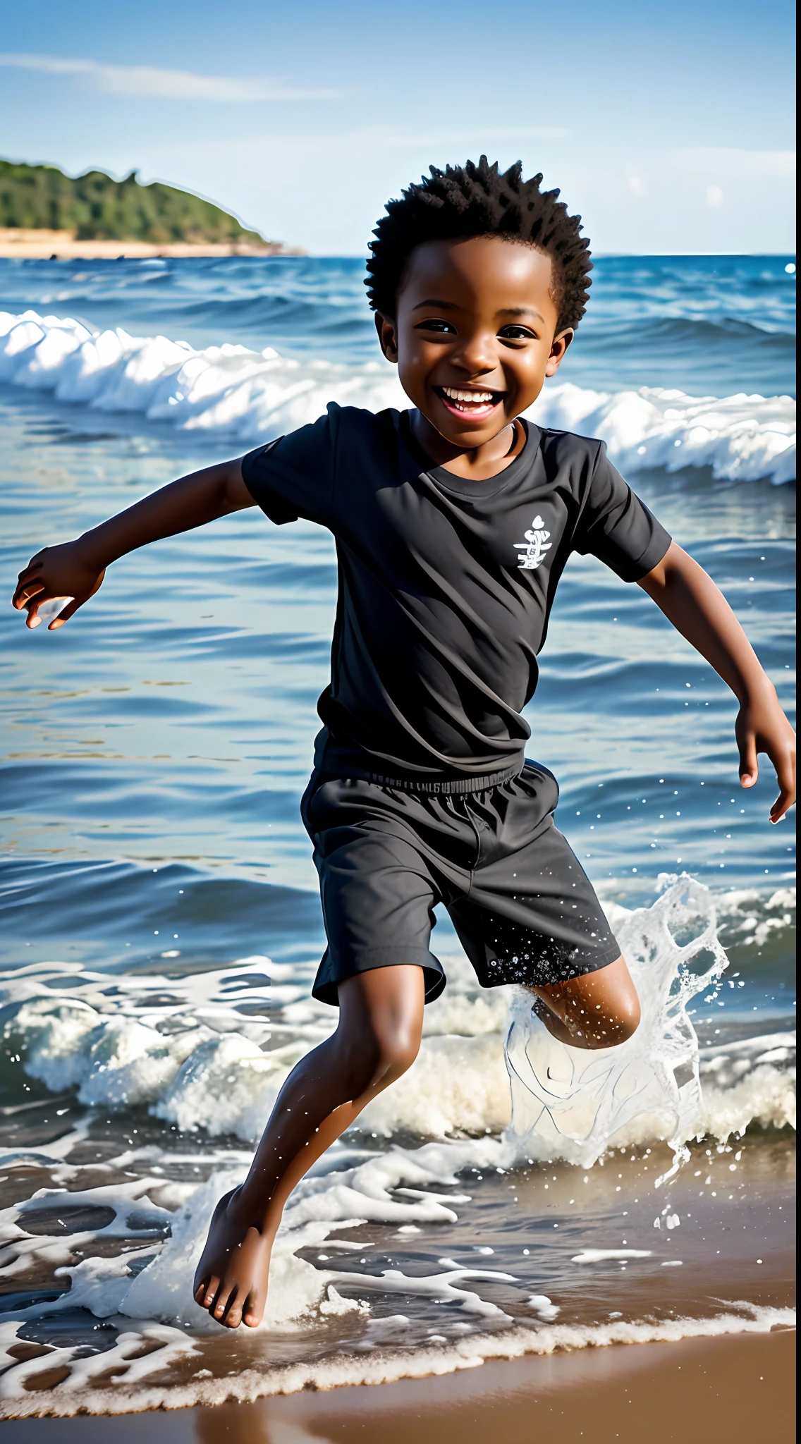 Realistic photo, ultra details, natural light ultra detailed portrait ((1)) adorable little black boy incredibly charming, smile of attack, cheerful smile, playing on the beach sand, sea in the background, water in the background, playing, photo taken full body. The illustration is in high definition in 8K resolution, with ultra detailed facial features