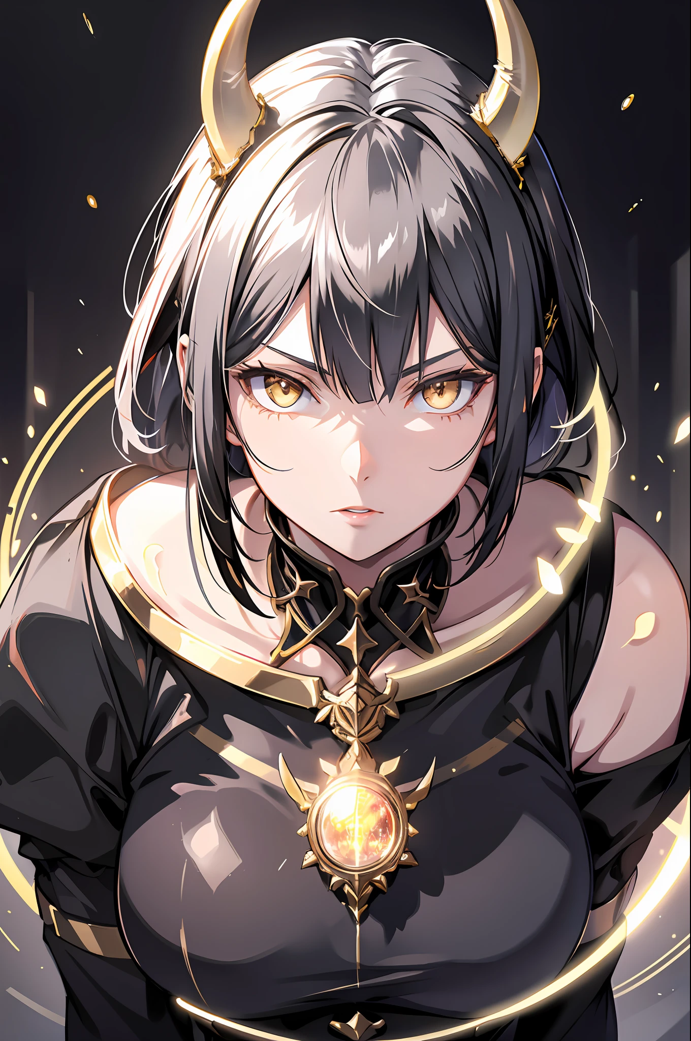 realistic, 1girl, black hair, horns, yellow eyes, glowing, bare shoulders, glowing eyes, magic circle, light particles, light rays, wallpaper, demon, pale skin