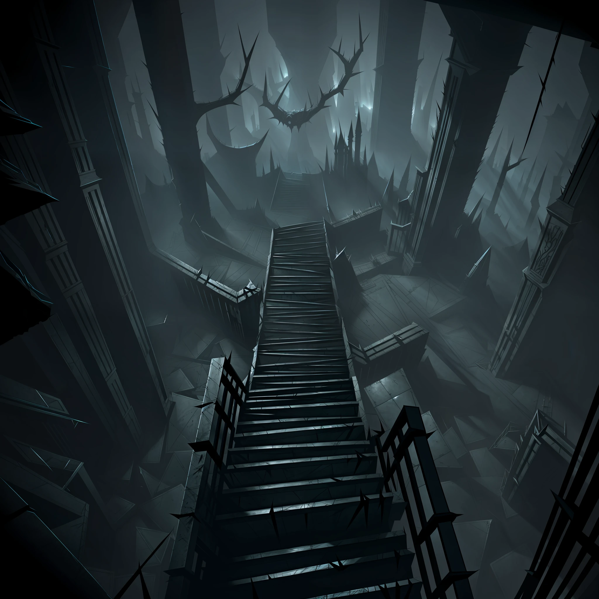 Vast angle, view from the top of peak, inside of Dol Guldur, dark floors, one floor with balcony to abyss view, and floor with madness stair downside, thorns, spiked walls. Creepy illustration, Horror art, artstation, uhd, unreal engine, line art drawing style.
