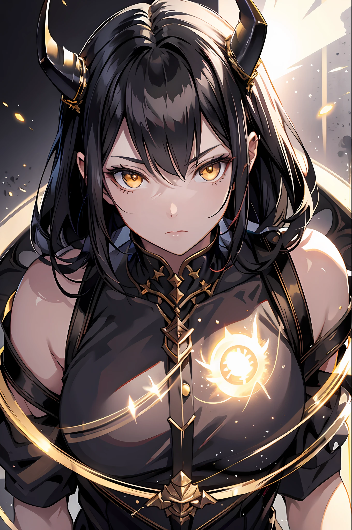 realistic, 1girl, black hair, horns, yellow eyes, glowing, bare shoulders, glowing eyes, magic circle, light particles, light rays, wallpaper, demon, pale skin