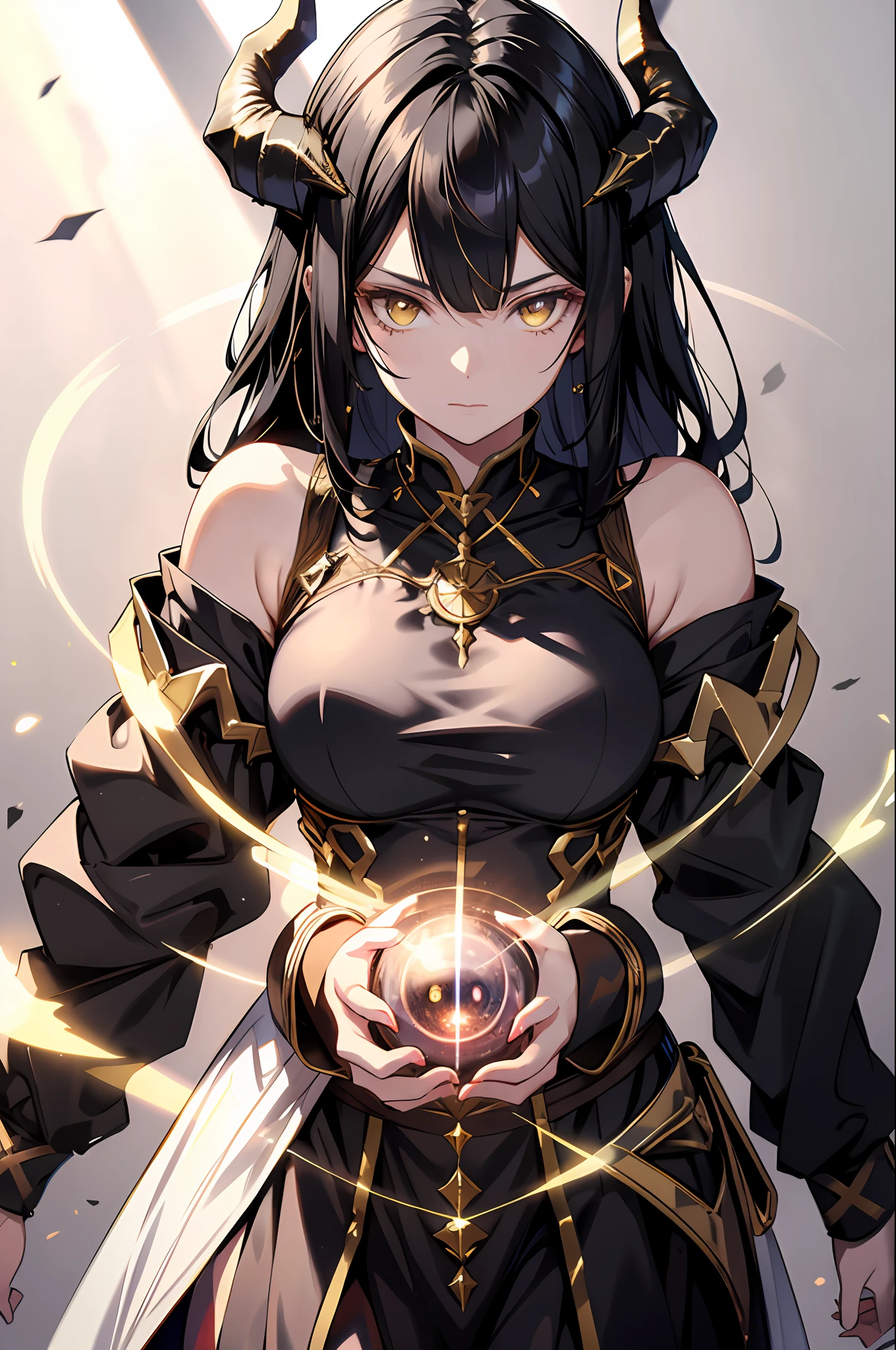 realistic, 1girl, black hair, horns, yellow eyes, glowing, bare shoulders, glowing eyes, magic circle, light particles, light rays, wallpaper, demon, pale skin