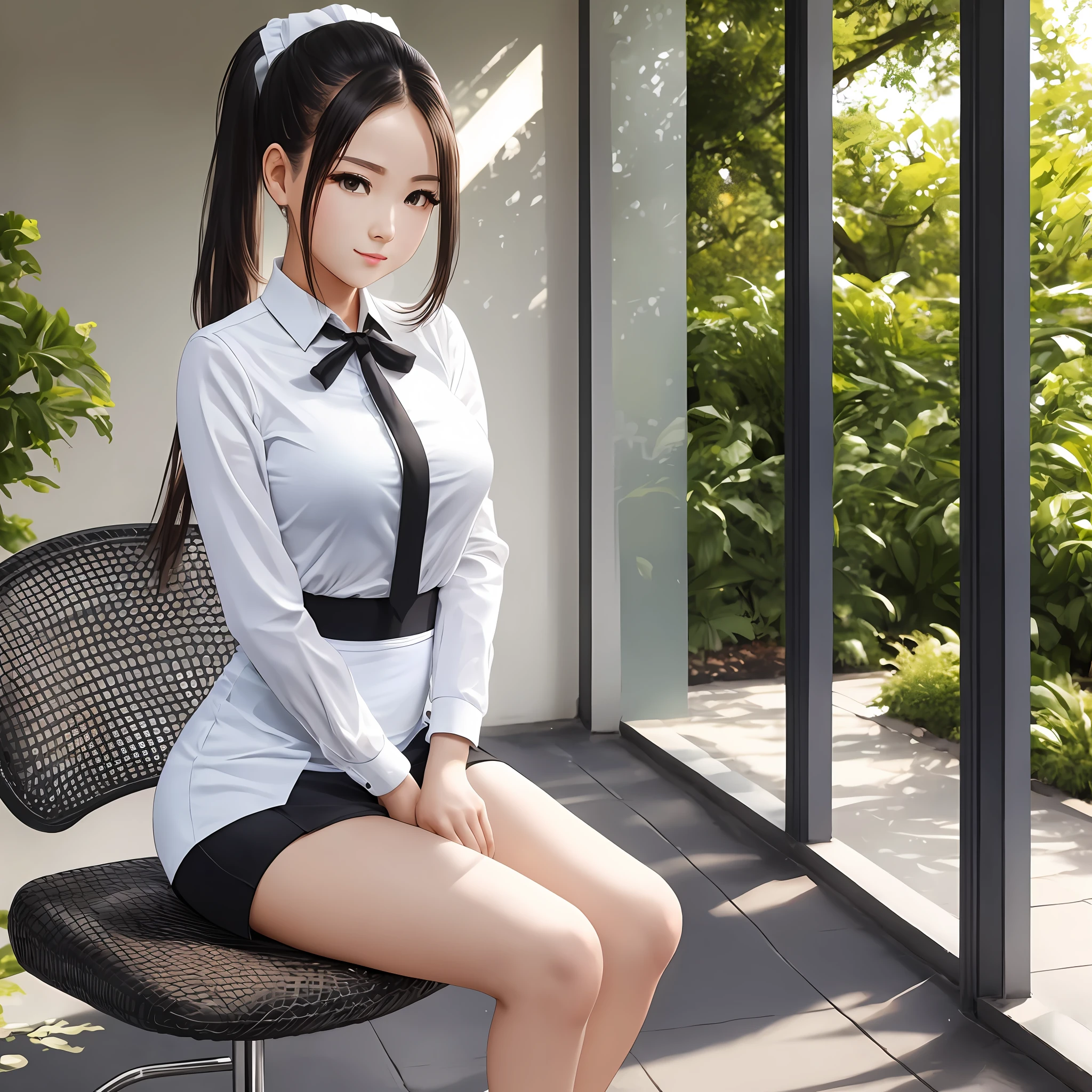 Real, a young sexy woman with double ponytail, wearing white school uniform, white stockings, black leather shoes, sitting on chair, park background, standing, hands on chest, --auto --s2
