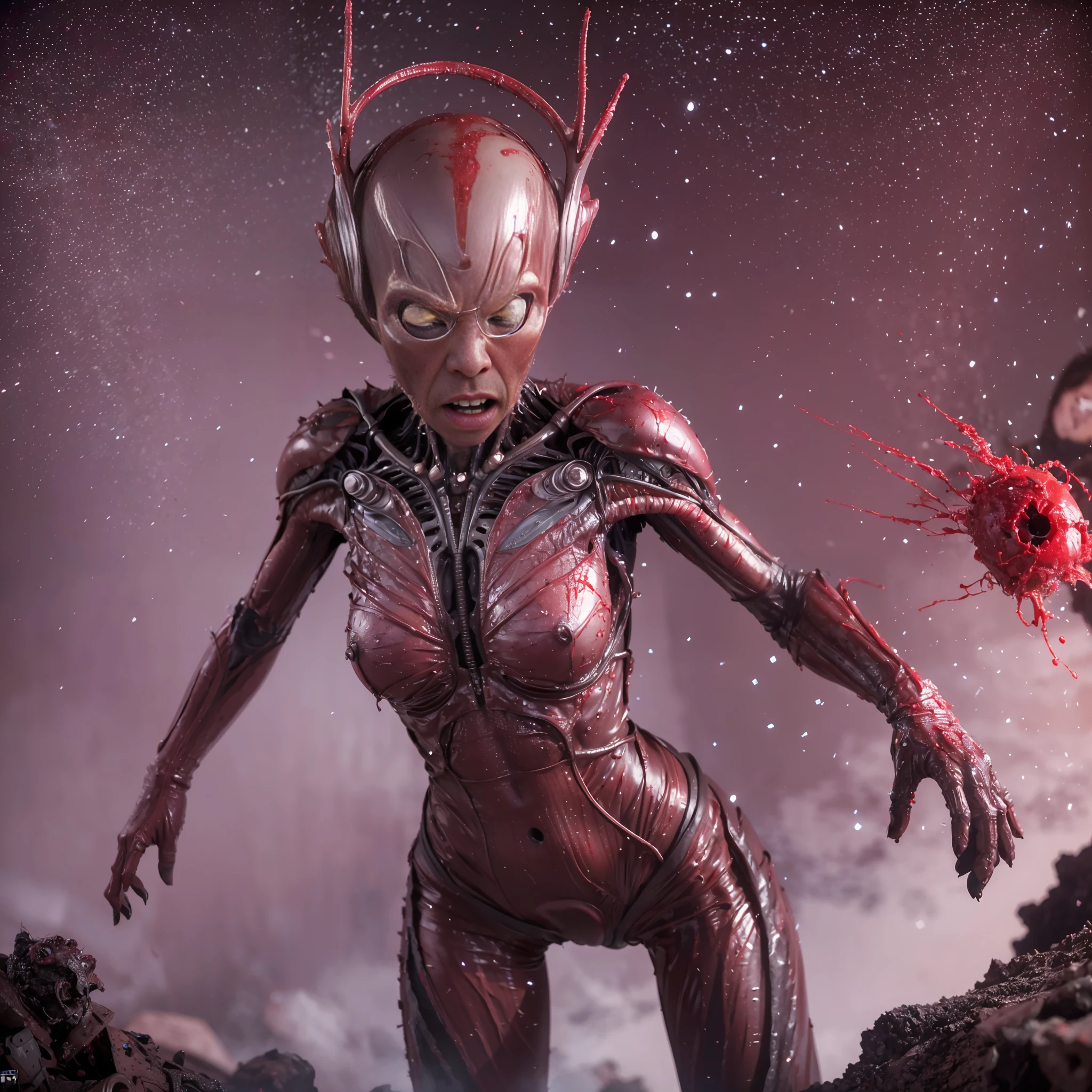 Ultra-realistic, alien and human encounter, woman fights to the death, jumps out with heavy bleeding, red internal organs and brain splatter, woman is eaten by alien, high image quality, 8K, 32K, F1.8