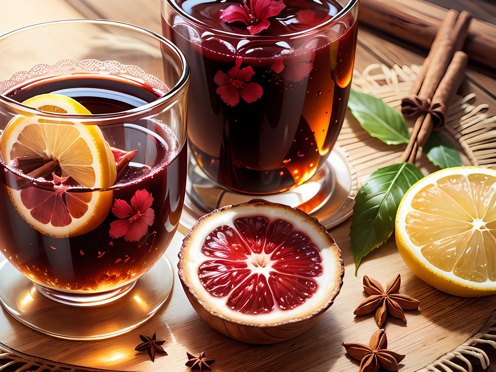 Hibiscus tea with lemon and cinnamon on the table real type photo --auto --s2