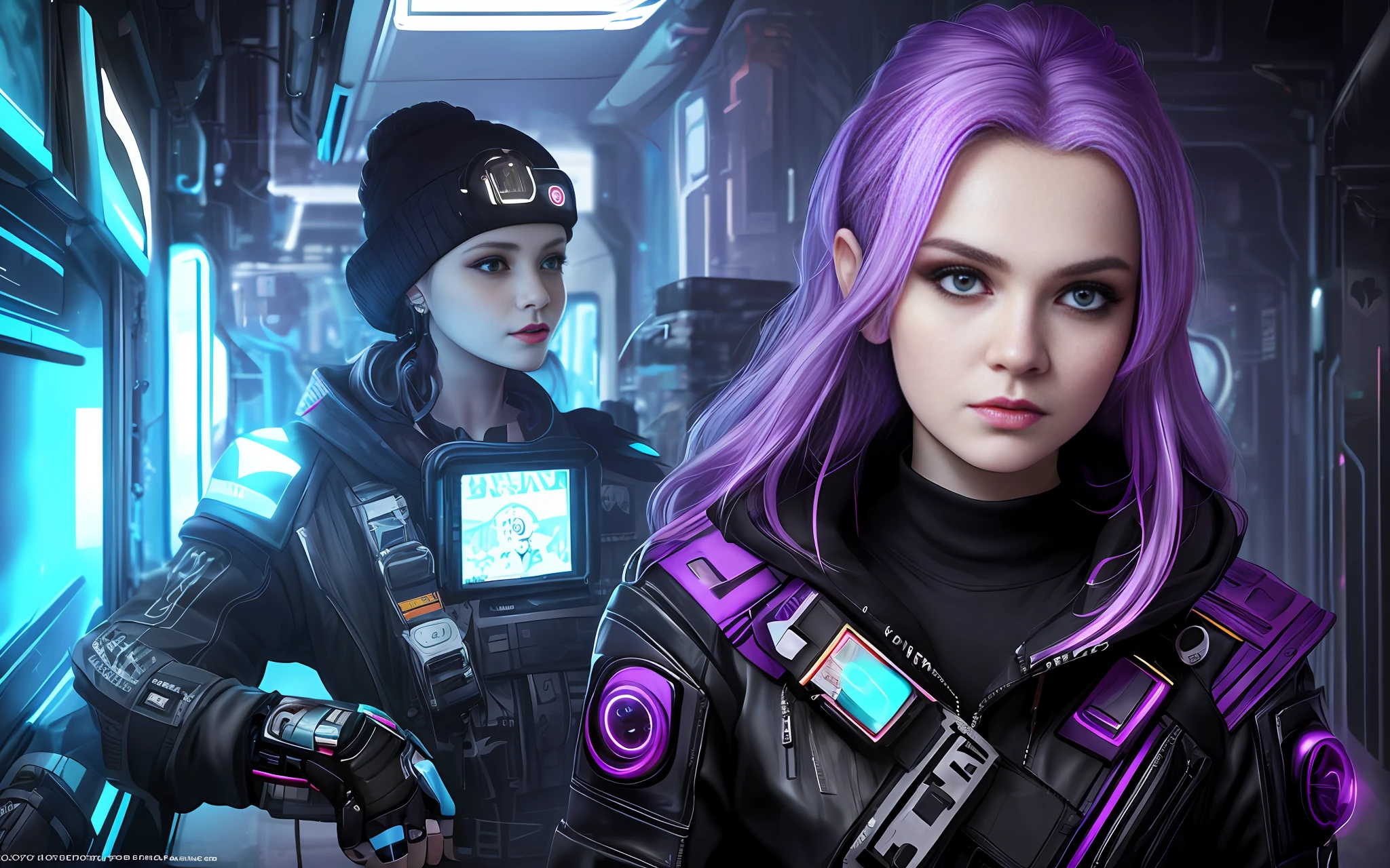 A girl in futuristic clothes with a futuristic face with a tail of purple hair, a journalist with a voice recorder and a video camera, Anastasia Ovchinnikova, Marina Fedorovna, photo by Jessica Devic, Sofia Emelenko, Maria Panfilova, Alexandra Valishevskaya, Nadezhda Tikhomirova, Katinka Reinke, Angelina Stroganov, Svetlana Tigay, cyberpunk art style, cyberpunk themed art, cyberpunk art style, cyberpunk girl portrait, cyberpunk portrait, cyberpunk bright glow, advanced cyberpunk digital art, cyberpunk style, cyberpunk style color, hyper-realistic cyberpunk style, female cyberpunk, cyberpunk character art, dreamy cyberpunk girl, cyberpunk atmosphere, cyberpunk atmosphere, cyberpunk vibes, high detail, cinematic composition