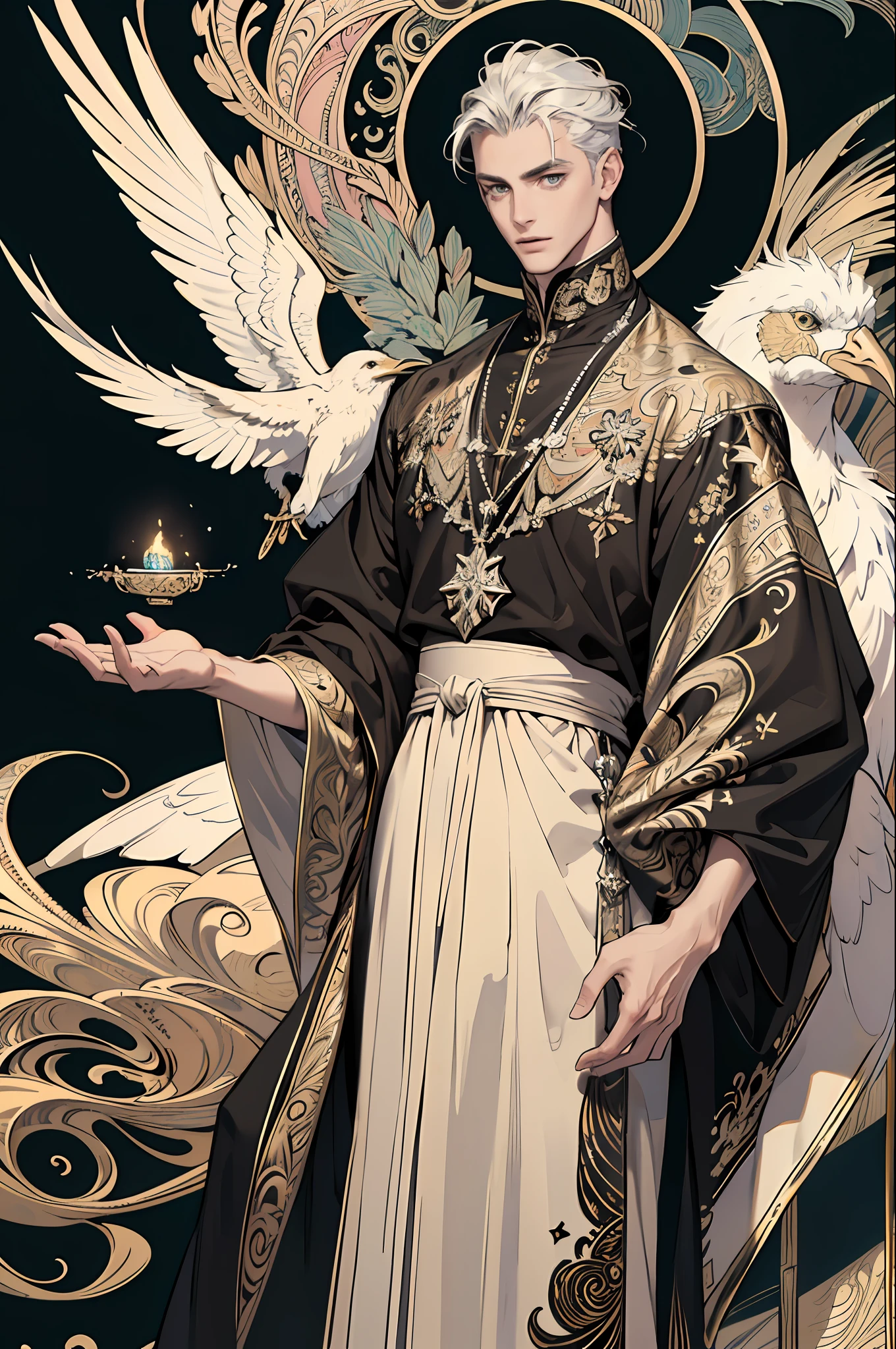 realistic, (masterpiece, top quality, best quality, official art, beautiful and aesthetic:1.2), extremely detailed,fractal art,colorful,highest detailed,zentangle,(abstract background:1.3)
solo mature male, tall muscular guy, (golden birds),
silver hair, bright eyes,hair slicked back, short hair, black robe,