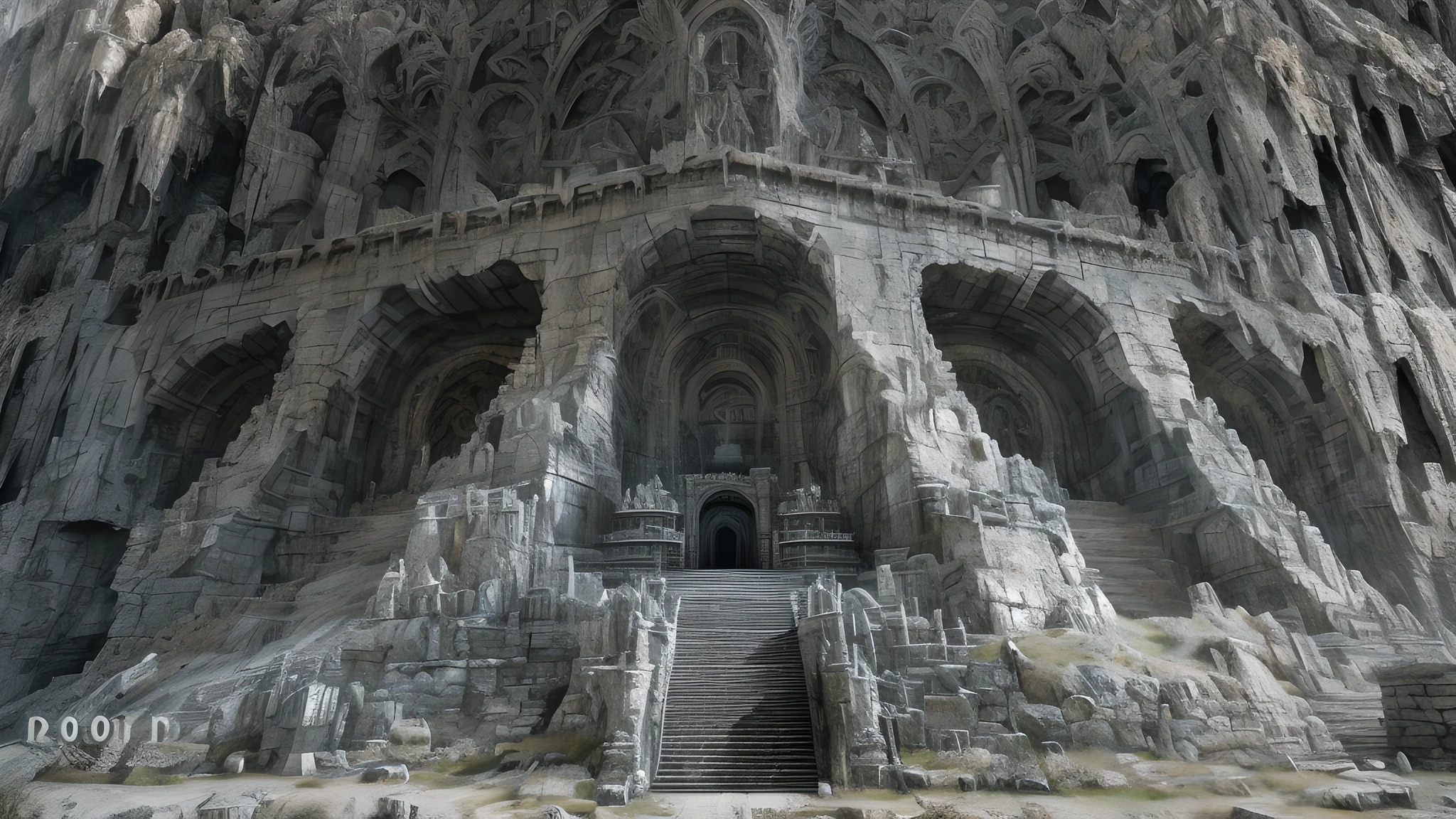 there is a large stone structure with a staircase going up it, ancient biomechanical temple, mines of moria, hyperdetailed matte painting, hyperdetailed 3d matte painting, hyperdetailed 3 d matte painting, the mines of moria, the entrance of valhalla, ornate giger background, crocodile god lair, exterior of scifi temple, hr giger. 8 k