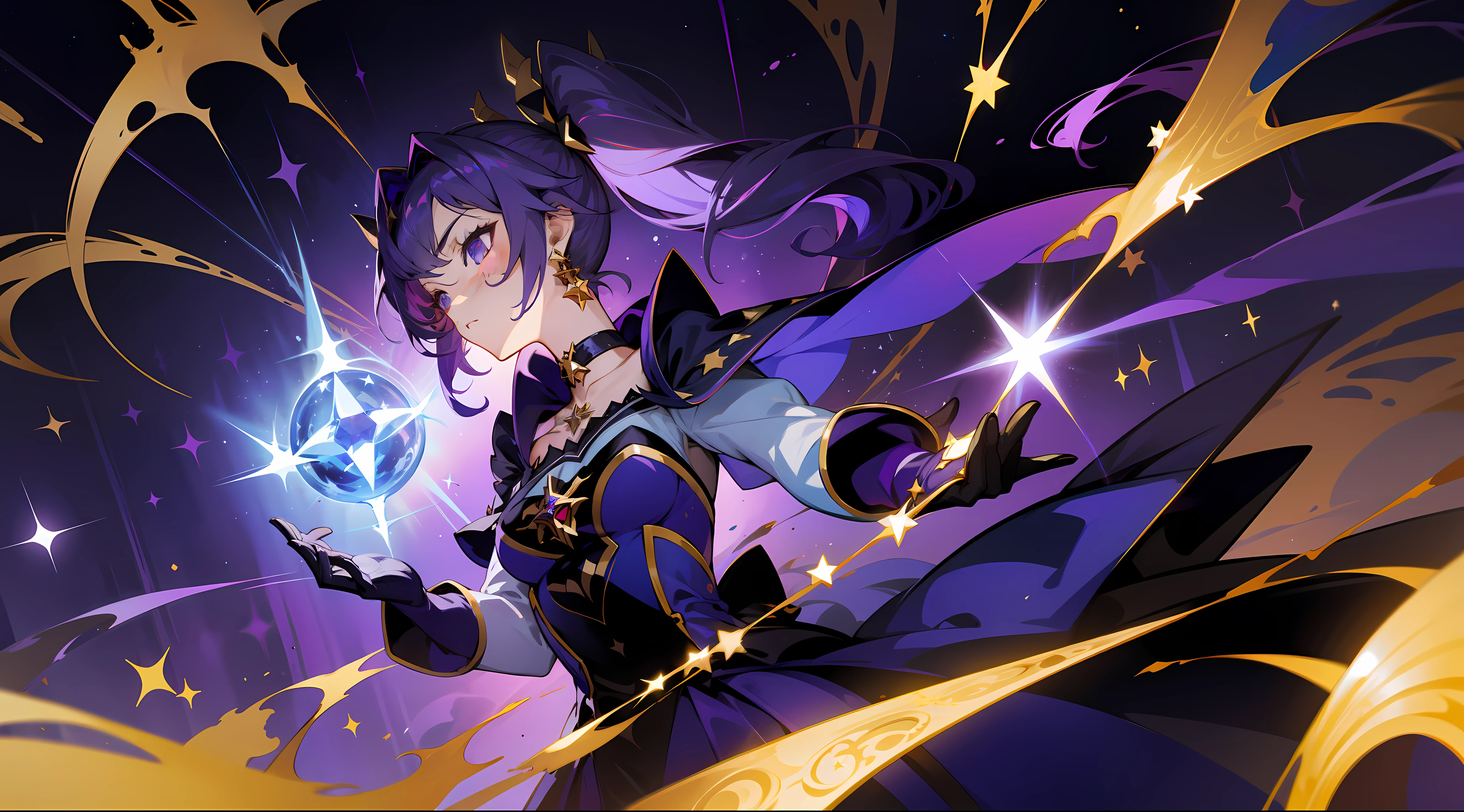 (1 girl), illustration, Mona \(Genshin Impact\), choker, star \(symbol\), witch, maid, blue eyes, shining eyes, dark purple hair, dark purple hair, ponytails, earrings, white apron, gold jewelry, landscape, night, night sky, magic, fortune teller, oracle, prediction, magician, magic, miracle, black gloves, divination, reflection, water