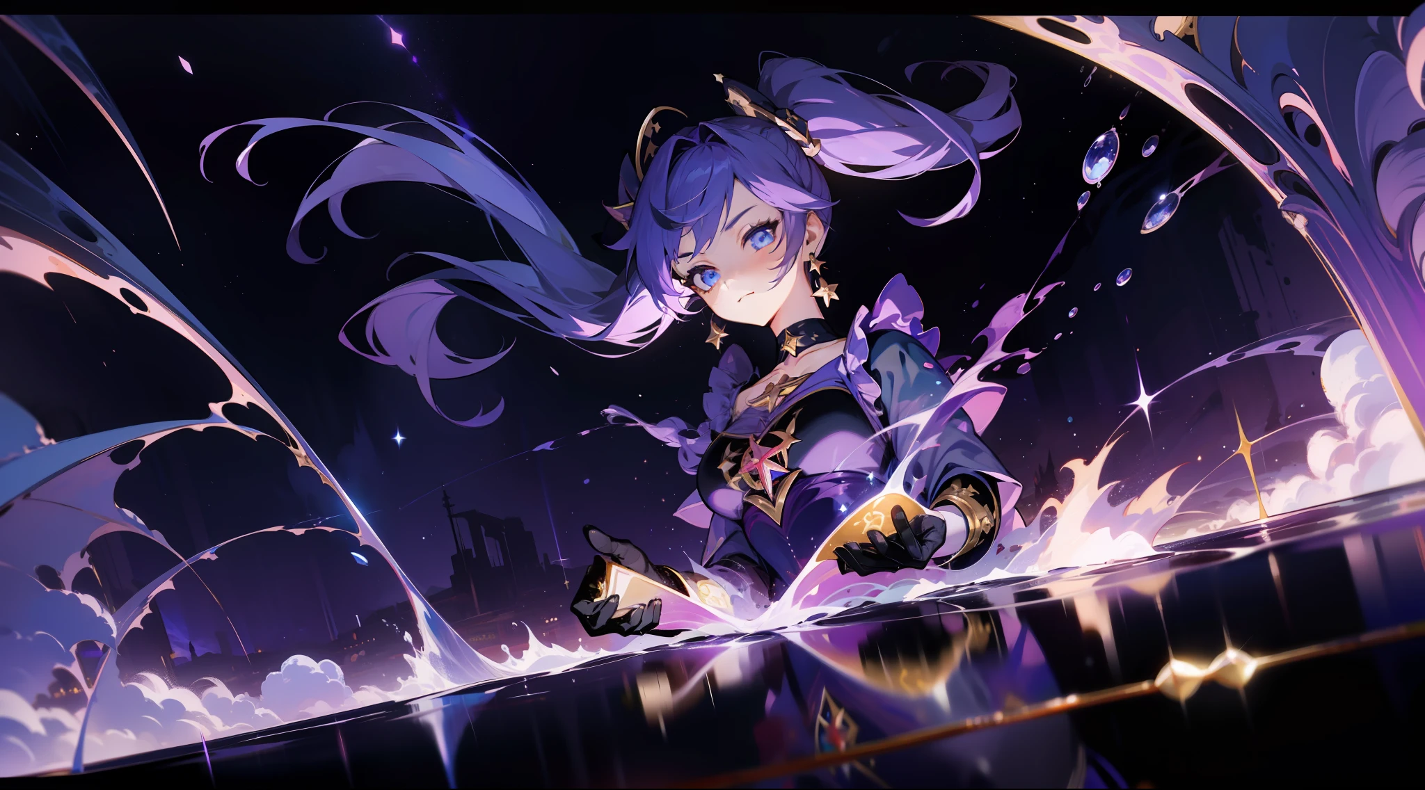 (1 girl), illustration, Mona \(Genshin Impact\), choker, star \(symbol\), witch, maid, blue eyes, shining eyes, dark purple hair, dark purple hair, ponytails, earrings, white apron, gold jewelry, landscape, night, night sky, magic, fortune teller, oracle, prediction, magician, magic, miracle, black gloves, divination, reflection, water