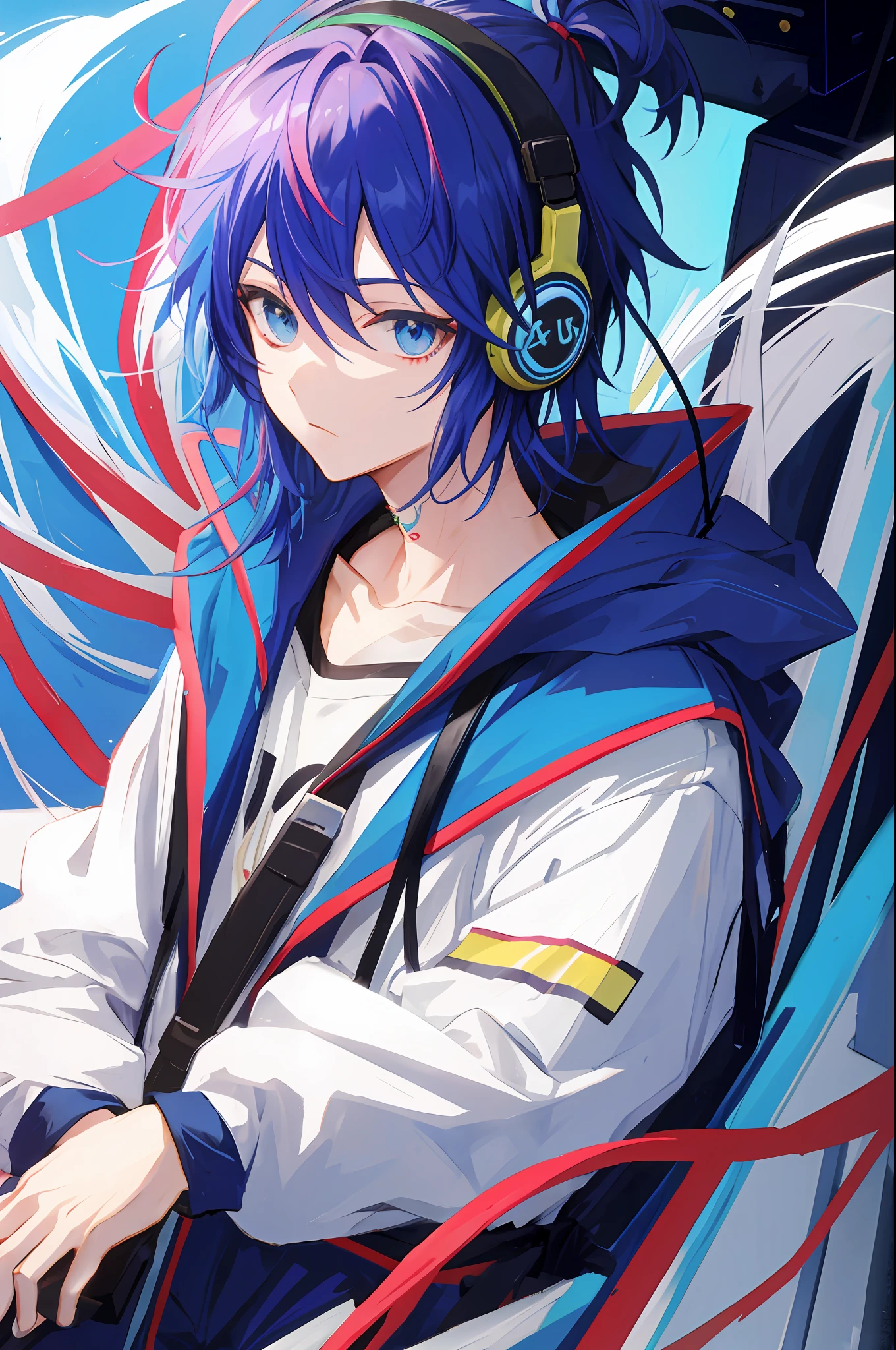 Anime boy, colorful hair,headphone,rocker,focus head,emo boy,neck tattoo