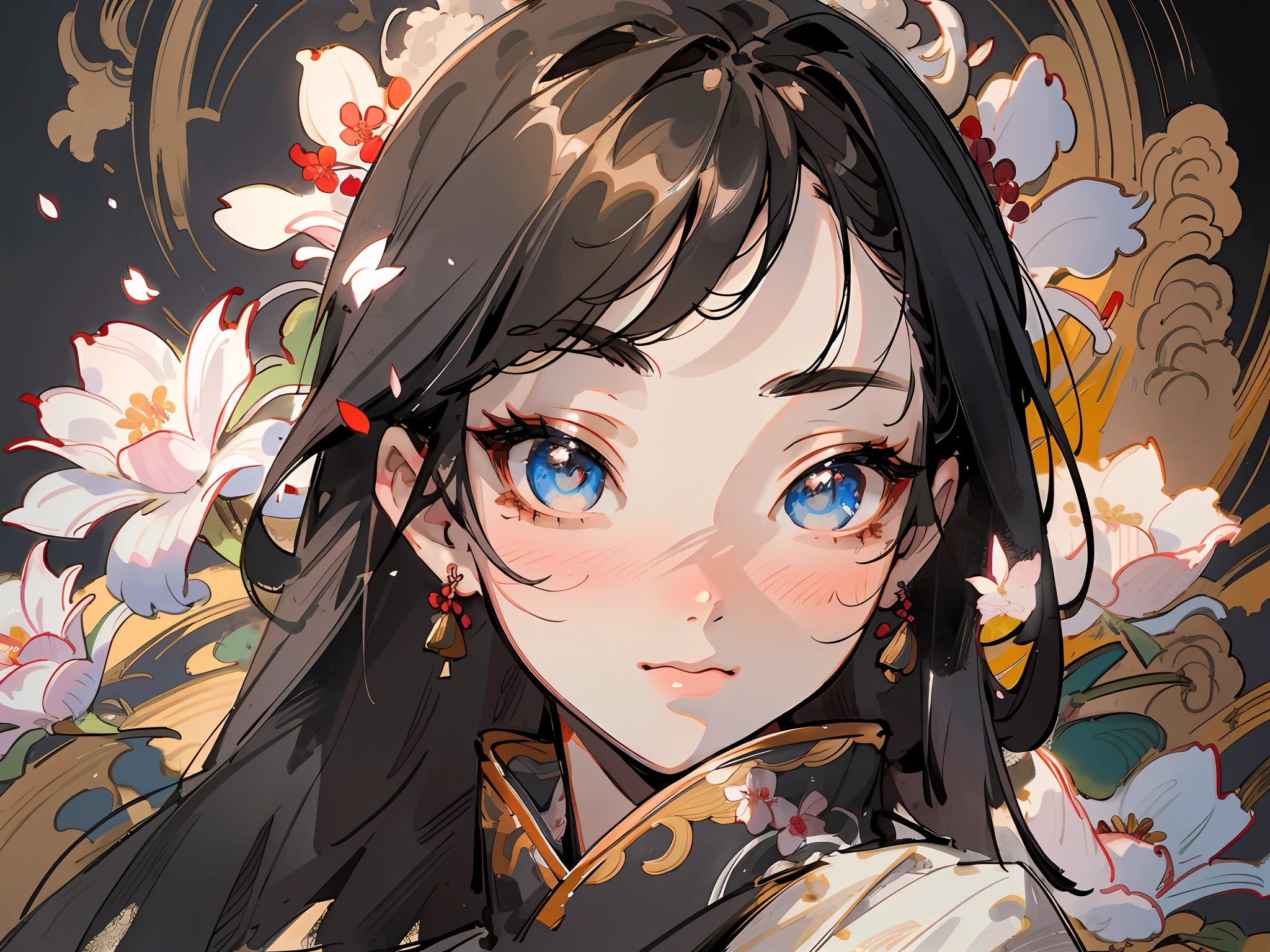 masterpiece, high quality, highly detailed, (rim lighting, spot lighting:0.75), ((good anatomy)), portrait, 1girl, (finely detailed face and beautiful eyes), oriental, solo, close up, blossomed flower, innocent eyes expressions, black hair, traditional Chinese ink painting, advanced color scheme, rich background, illustration, petals, Chinese style,