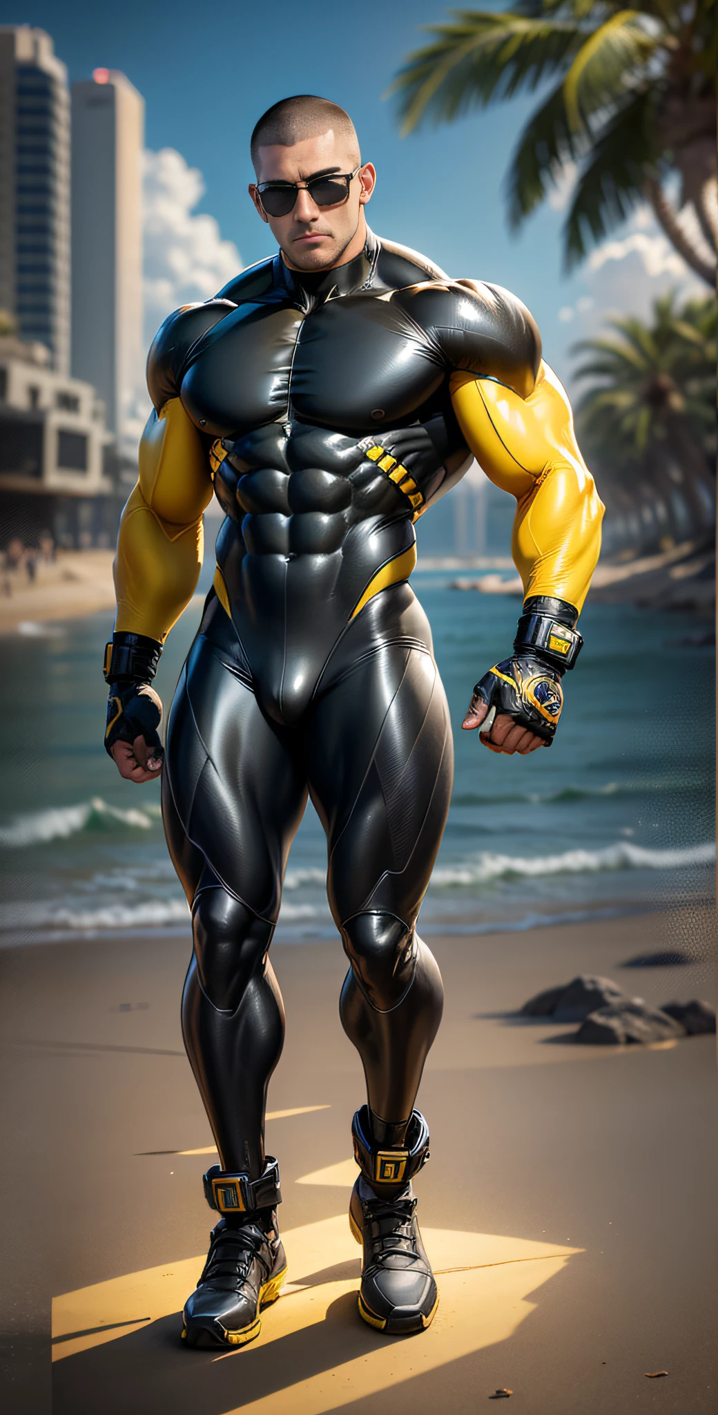 Arad man in yellow and black clothes standing on the sunny seashore, American round head, Buzz Cut, tall and burly, muscular male hero, heroic male pose, muscular! Wearing black sunglasses, spandex tight high elastic bodysuit, super buff and cool, high resolution committee, character design police, black army boots, charismatic strong male with spandex tight high elastic bodysuit