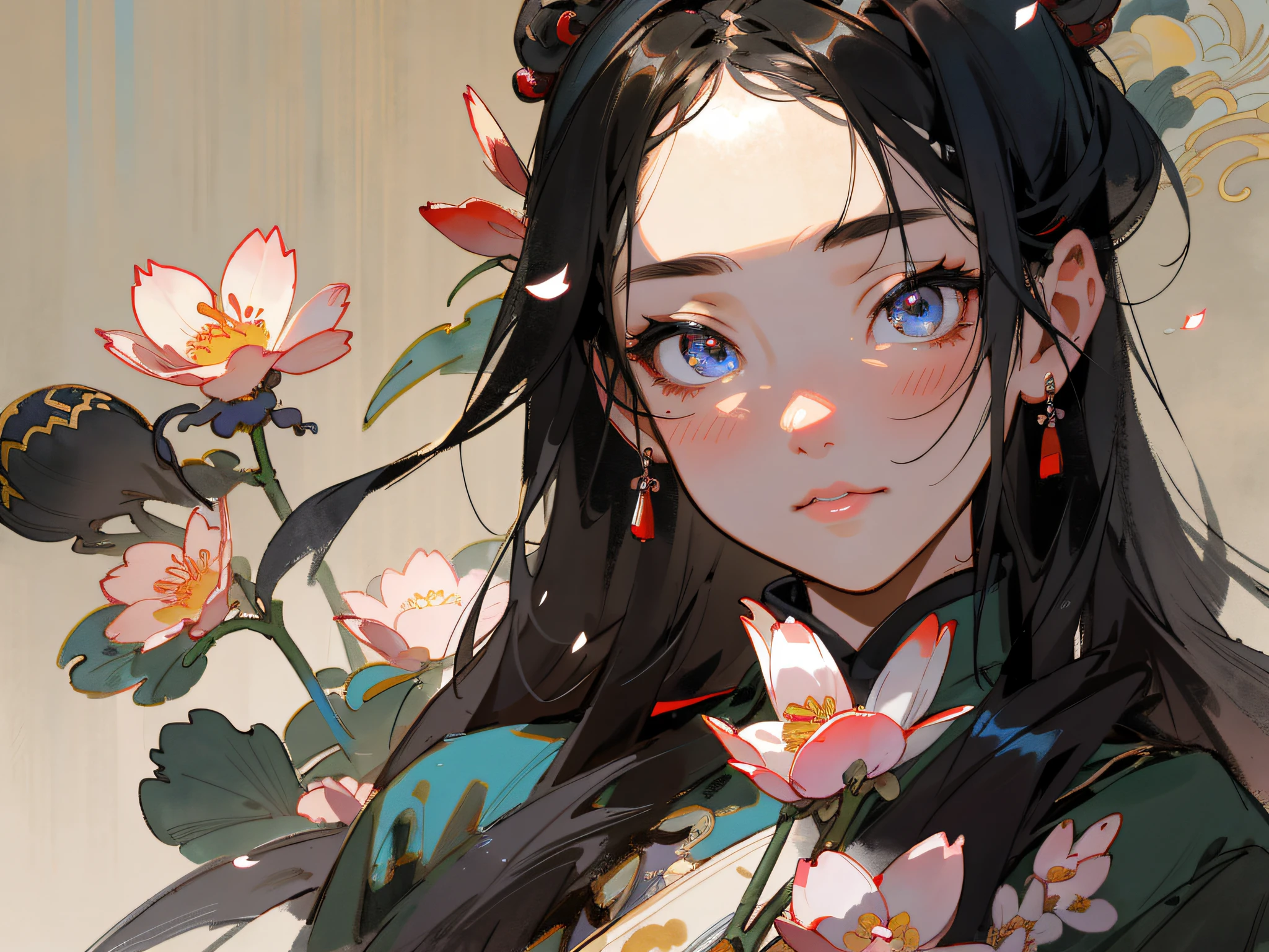 masterpiece, high quality, highly detailed, (rim lighting, spot lighting:0.75), ((good anatomy)), portrait, 1girl, (finely detailed face and beautiful eyes), oriental, solo, close up, blossomed flower, innocent eyes expressions, black hair, traditional Chinese ink painting, advanced color scheme, rich background, illustration, petals, Chinese style,