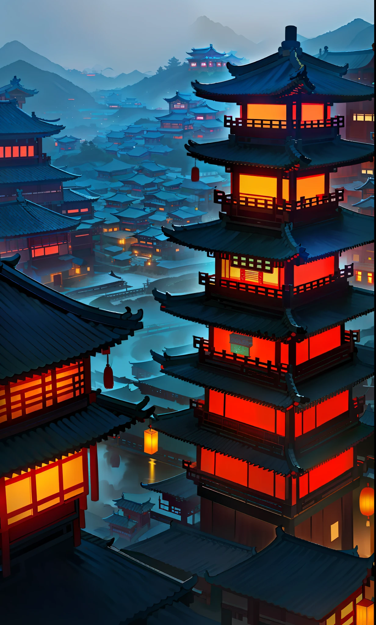 arafed view of a chinese village at night with a lot of lights, dreamy chinese town, ancient chinese architecture, cyberpunk chinese ancient castle, chinese architecture, japanese town, japanese city, chinese village, beautiful render of tang dynasty, japanese city at night, ancient japanese architecture, like jiufen, chinese style, andreas rocha style, japanese village