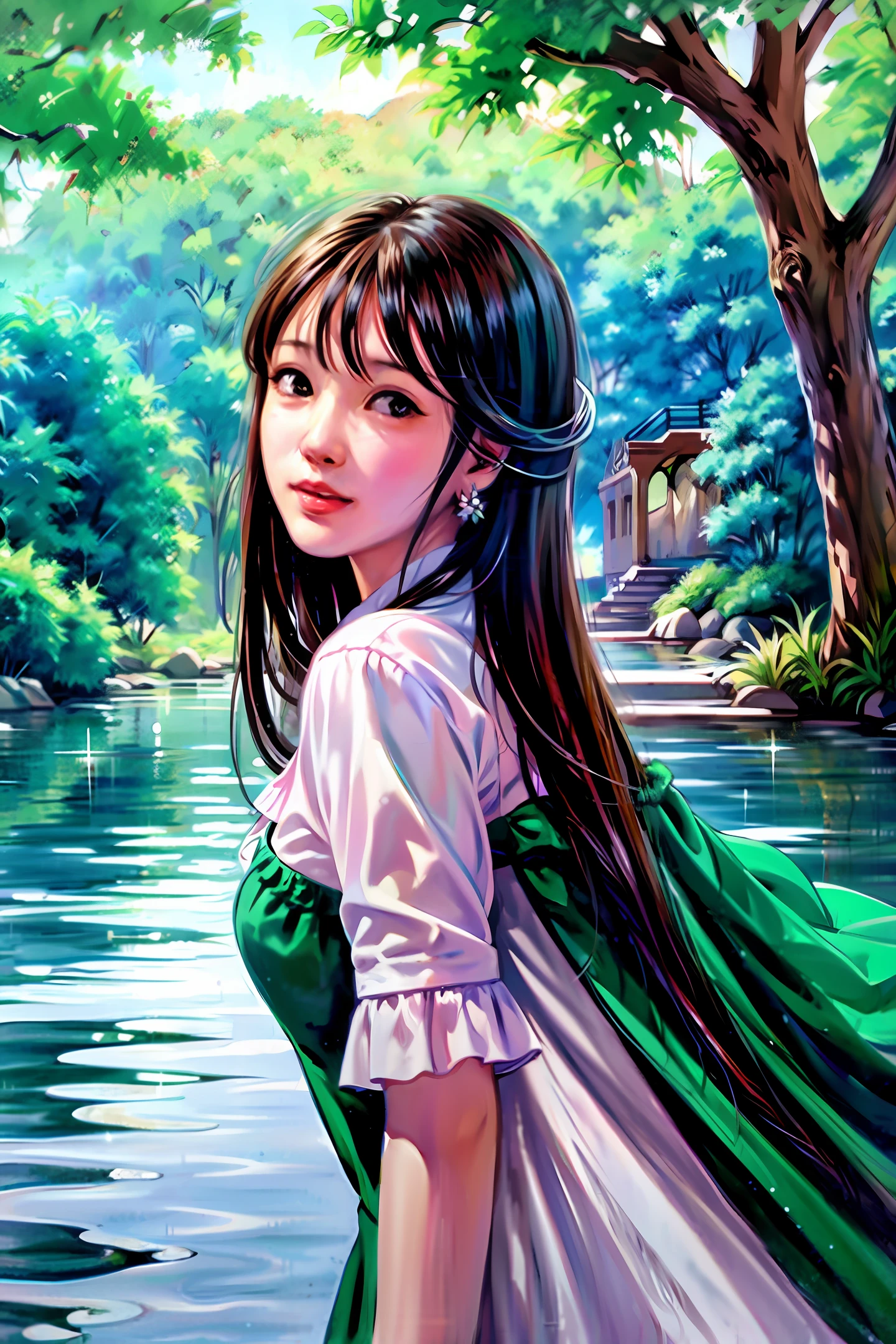 Generate a picture of a beautiful woman standing by the sea