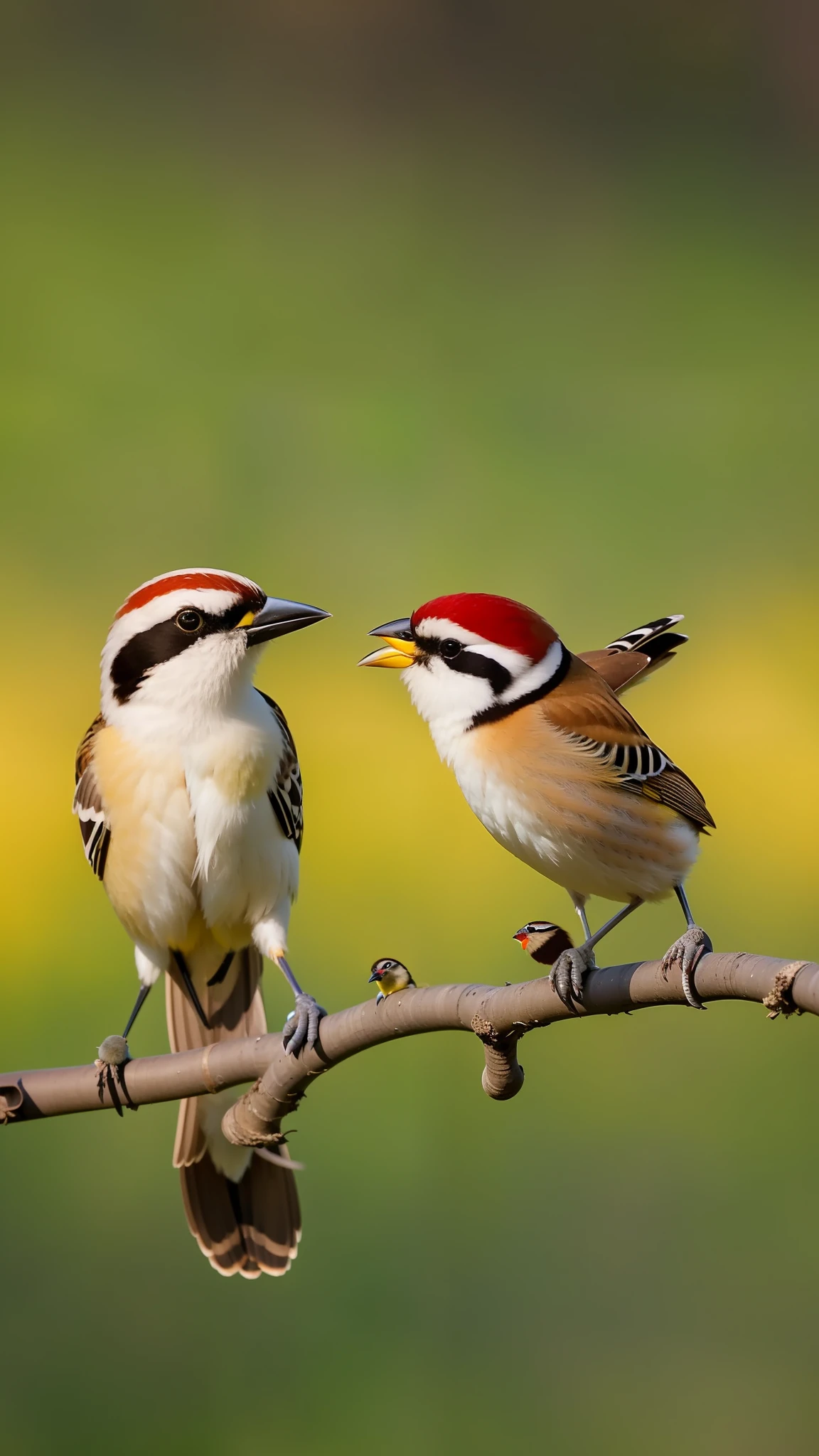there are two birds sitting on a branch with a yellow background, adult pair of twins, beaks, birds, by Paul Bird, male and female, breeding, sparrows, by Jan Rustem, nature photo, arguing, biological photo, by Dietmar Damerau, by Peter Churcher, broadshouldered, illustration