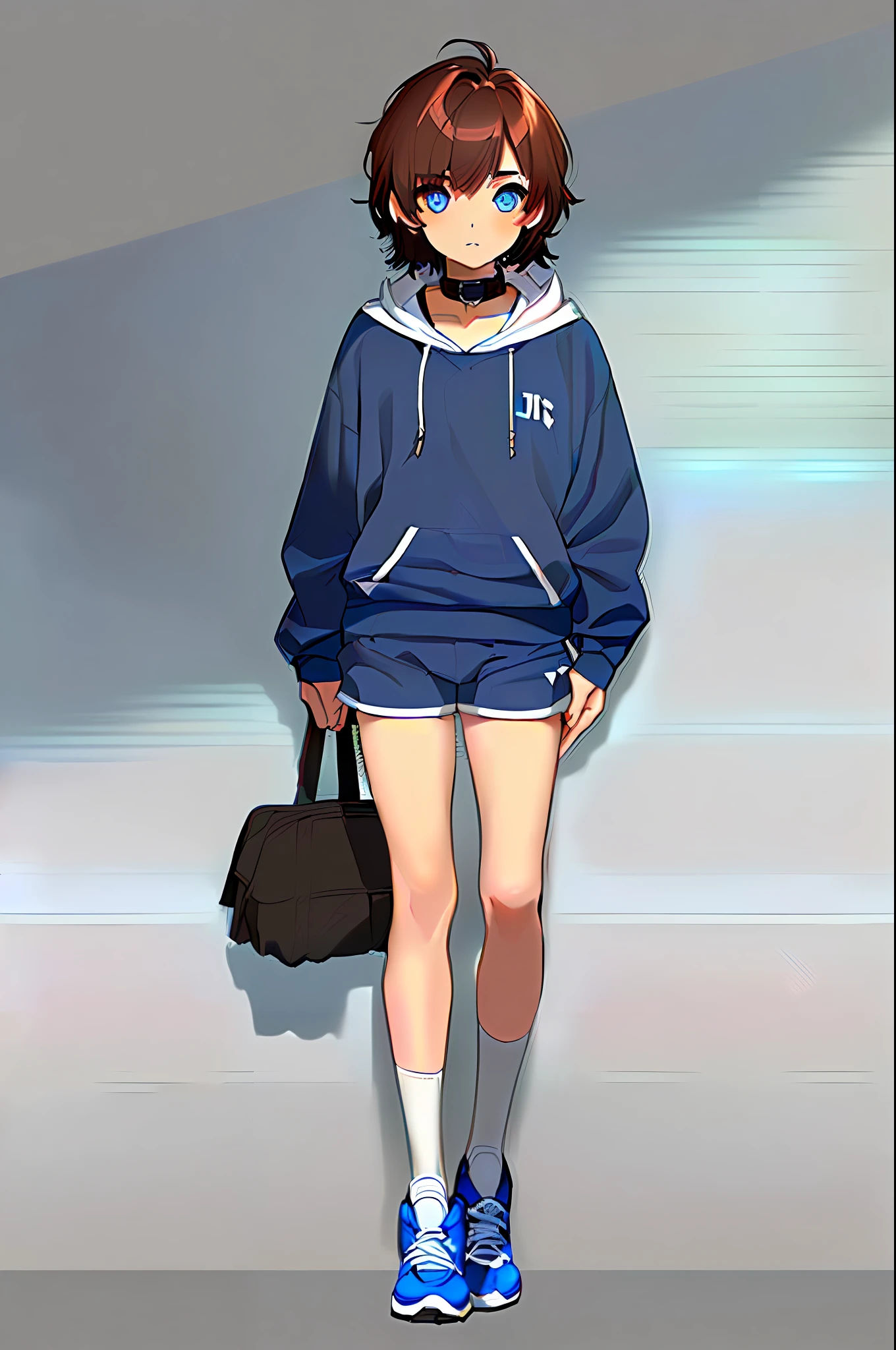 1boy, hermaphroditic, blue eyes, brown hair, collar, blue hoodie, grey shorts, white thigh height, masterpiece, hd, vibrant, full body view